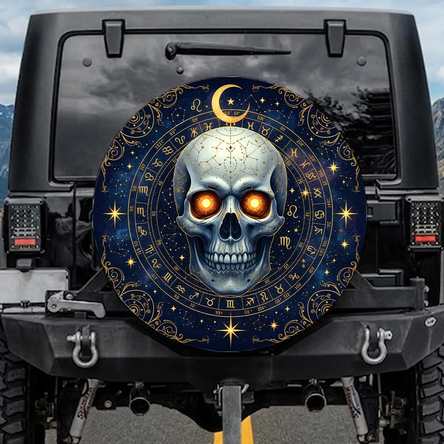 Celestial Skull Zodiac Chart Golden Moon Stars Esoteric - Mystical Astrology Lover Gift Spare Tire Cover - 1