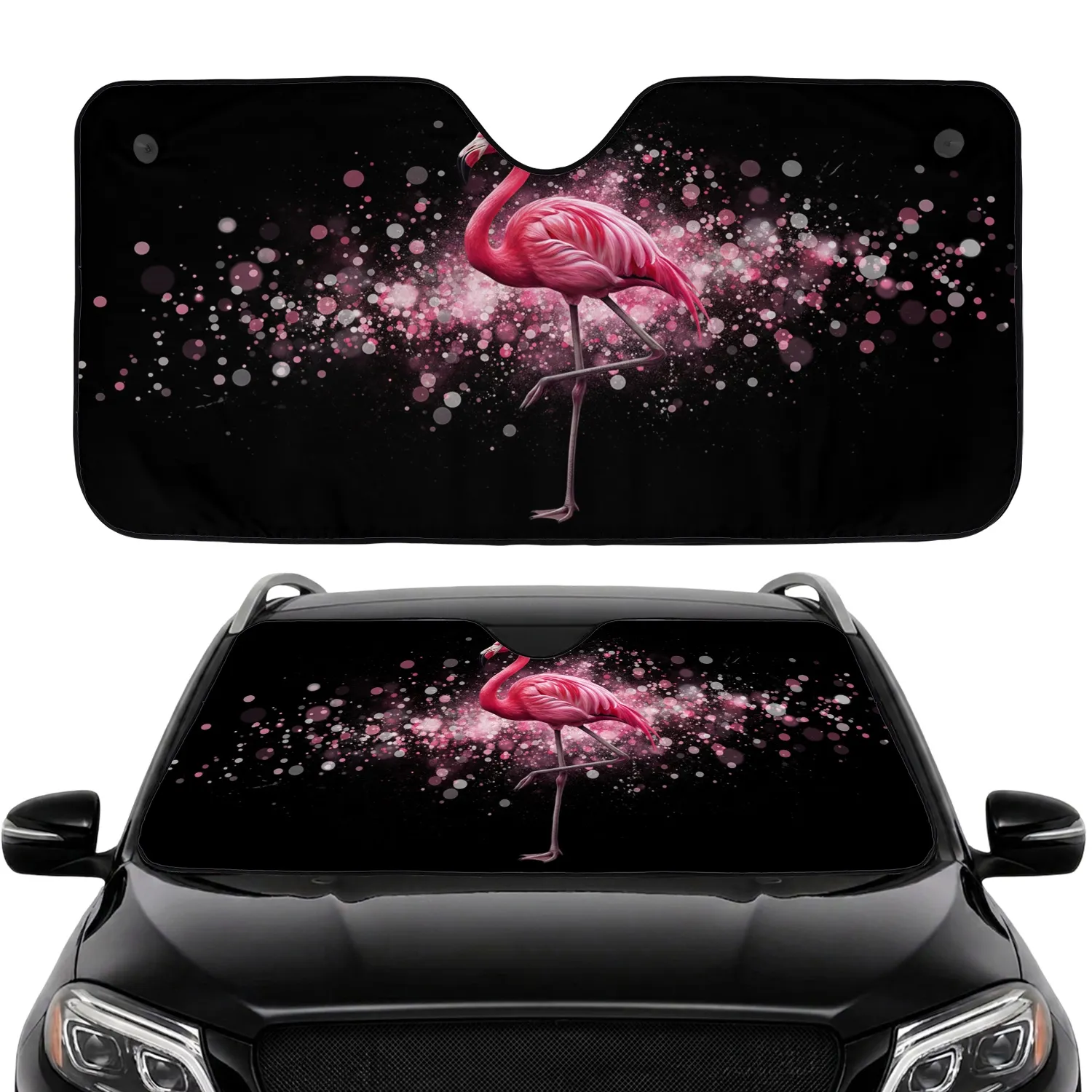 Elegant Pink Flamingo Fuchsia Feathers Glittering Cosmic Night Sky - Wildlife Lover Gift Car Sunshade - 1