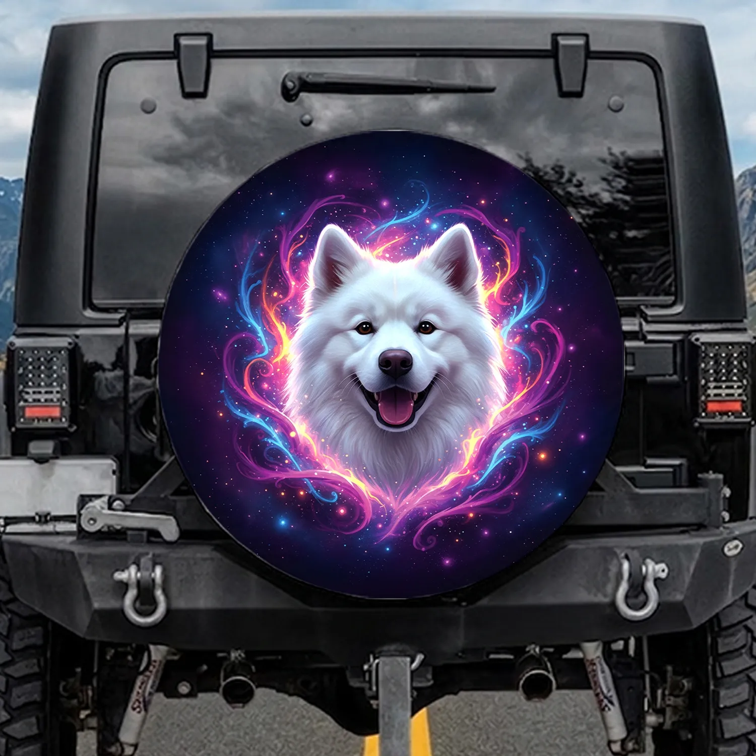 Majestic Fluffy Samoyed Dog Luminous Plasma Swirls Cosmic Void - Dog Lover Gift Spare Tire Cover - 1