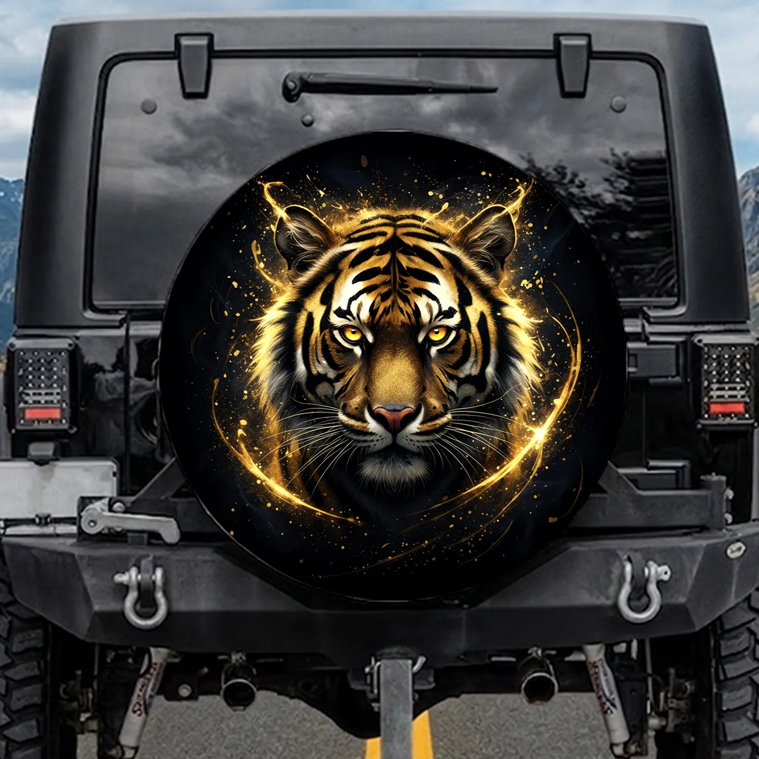 Majestic Golden Tiger Head Golden Yellow Eyes Black Stripes Golden Fur Car Decor Wildlife Lover Spare Tire Cover - 1
