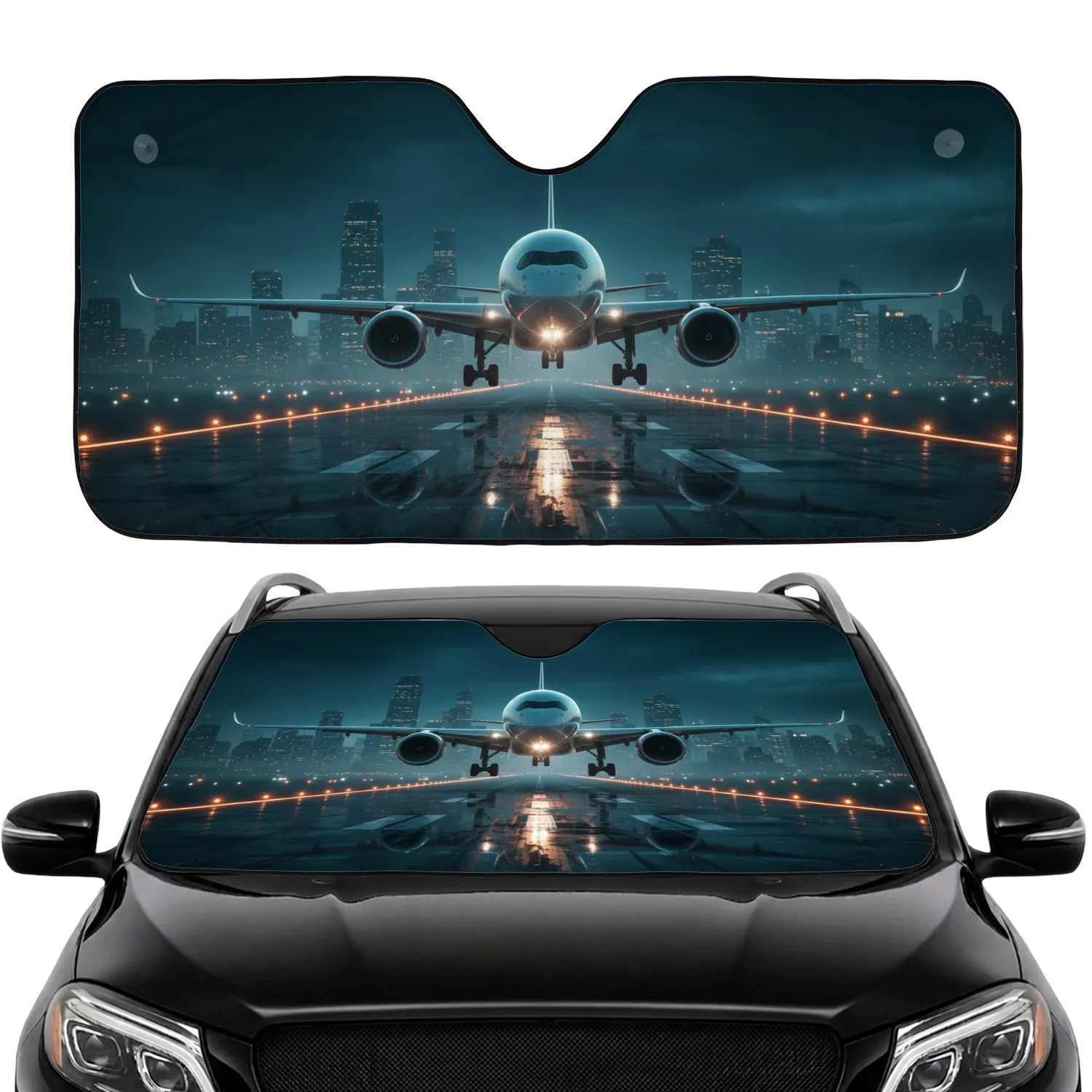 Jet Airliner Wet Runway Night City - Aviation Lover Travel Essentials Car Sunshade - 1