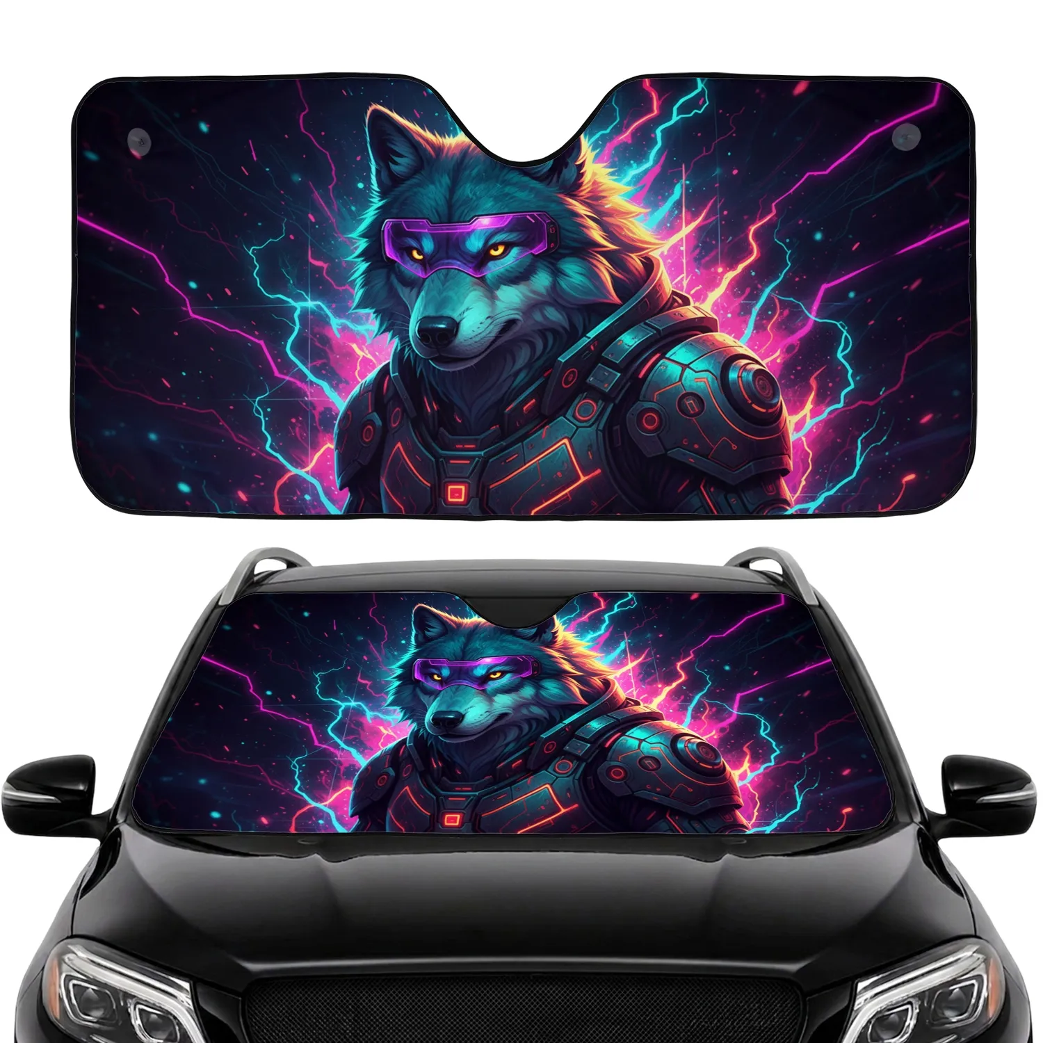 Cyberpunk Wolf Neon Electric Energy - Sci-Fi Fan Tech Lover Gift Car Sunshade - 1