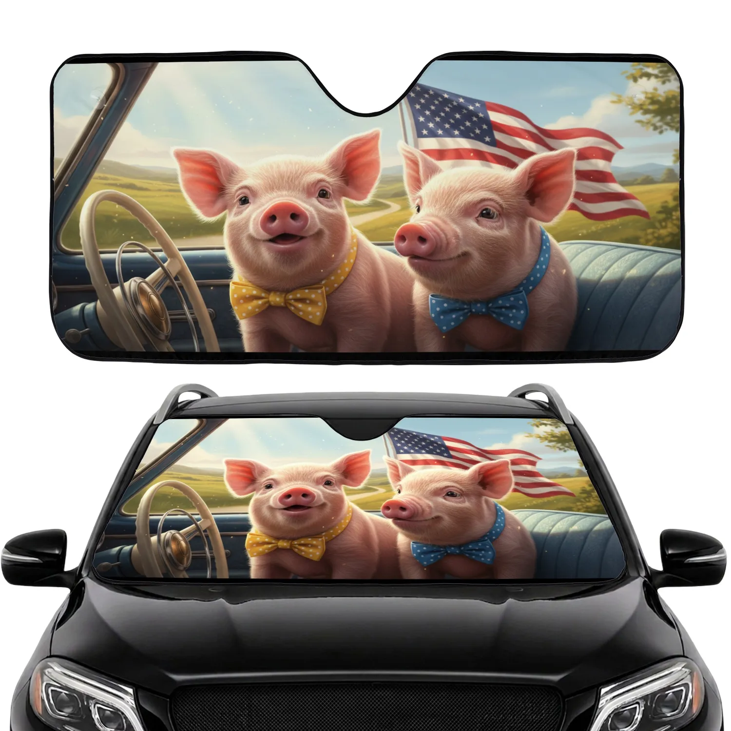 Baby Pigs with Bows American Flag - Scenic Ride Patriotic Gift Car Sunshade - 1