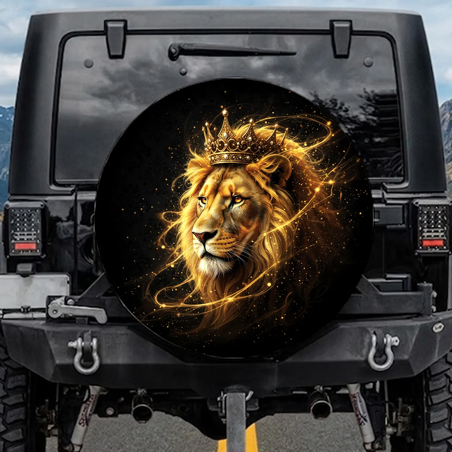 Majestic Golden Crowned Lion Head Intense Gaze with Glowing Mane - Upscale Vehicle Style Spare Tire Cover - 1