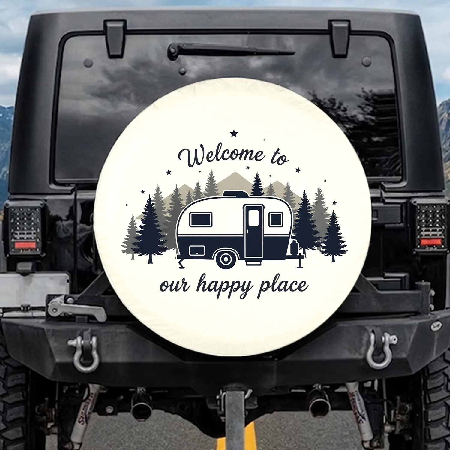 Vintage Camper Trailer Pine Mountain Stars Welcome Happy Place - Outdoor Lifestyle Gift Spare Tire Cover - 1