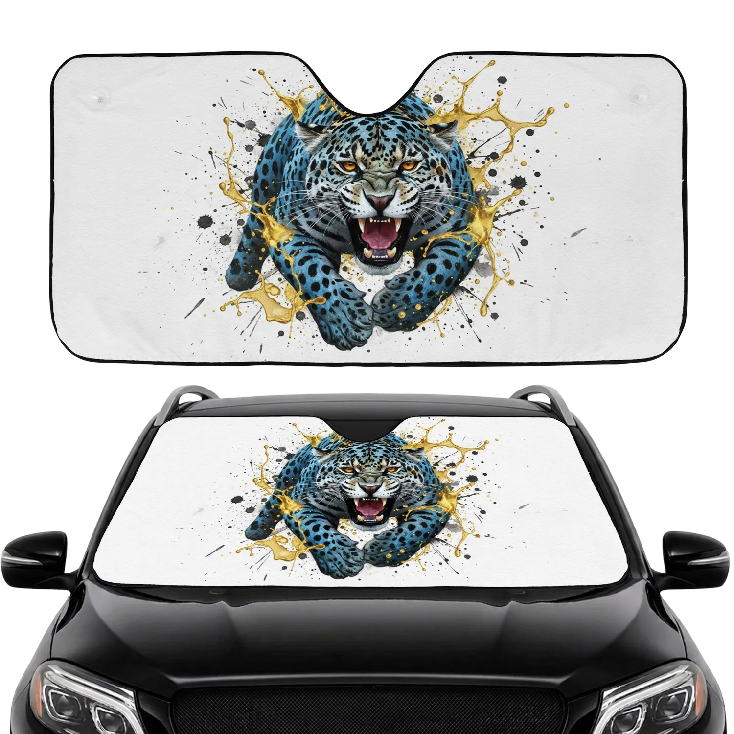 Blue Black Spotted Jaguar Roaring Gold Splashes - Wildlife Lover Gift Car Sunshade - 1