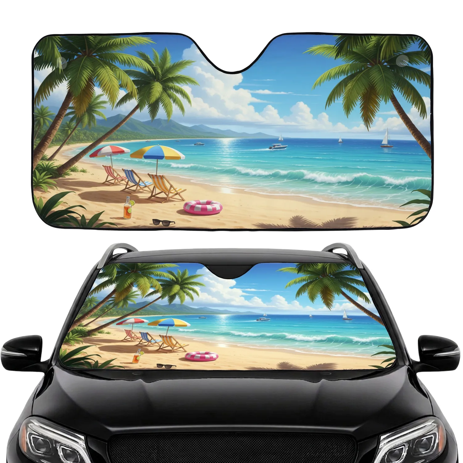 Tropical Beach Palm Trees Golden Sands Ocean Waters Umbrella Scene - Summer Road Trip Essentials Car Sunshade - 1