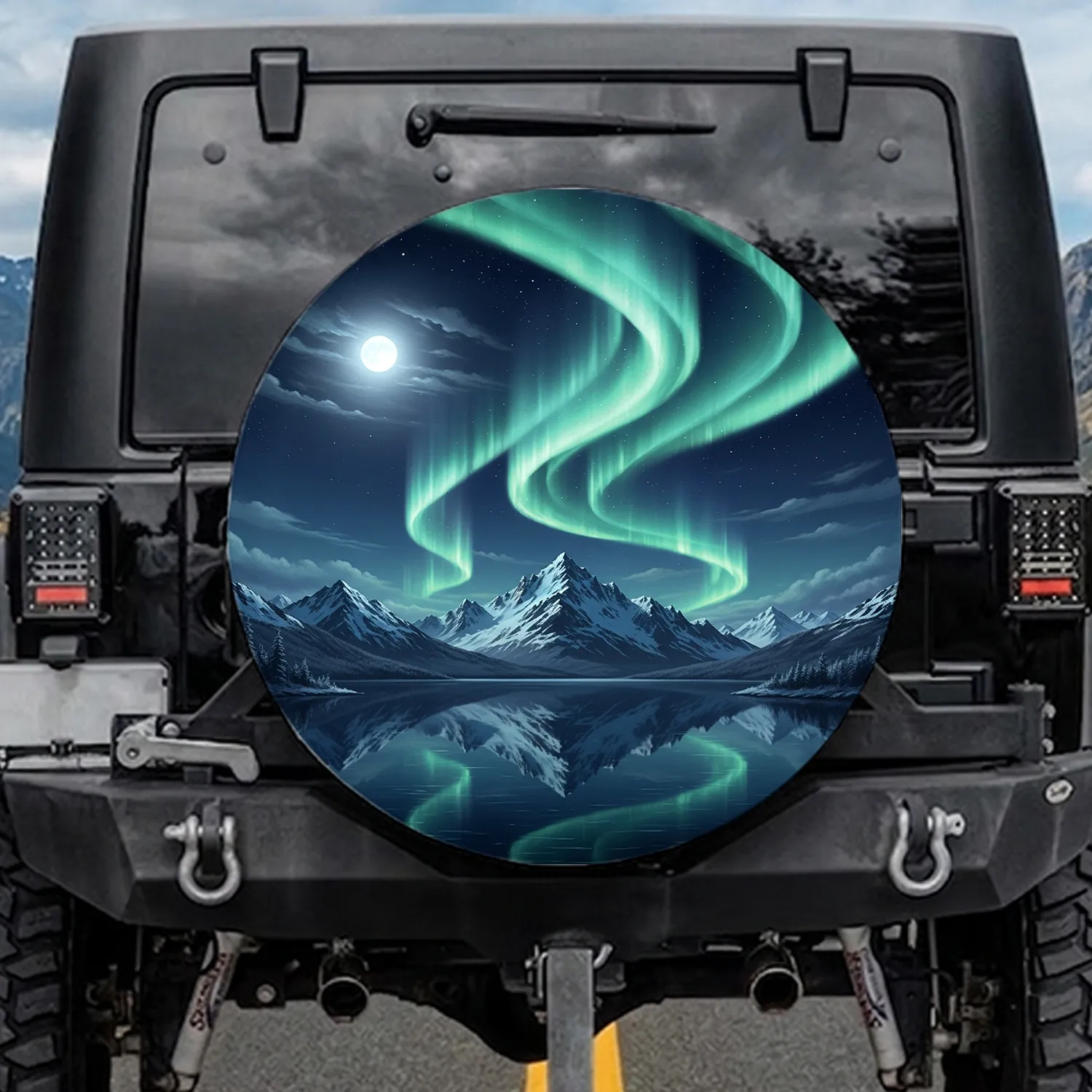 Aurora Borealis Mountain Lake Full Moon - Arctic Landscape Decor Gift Spare Tire Cover - 1