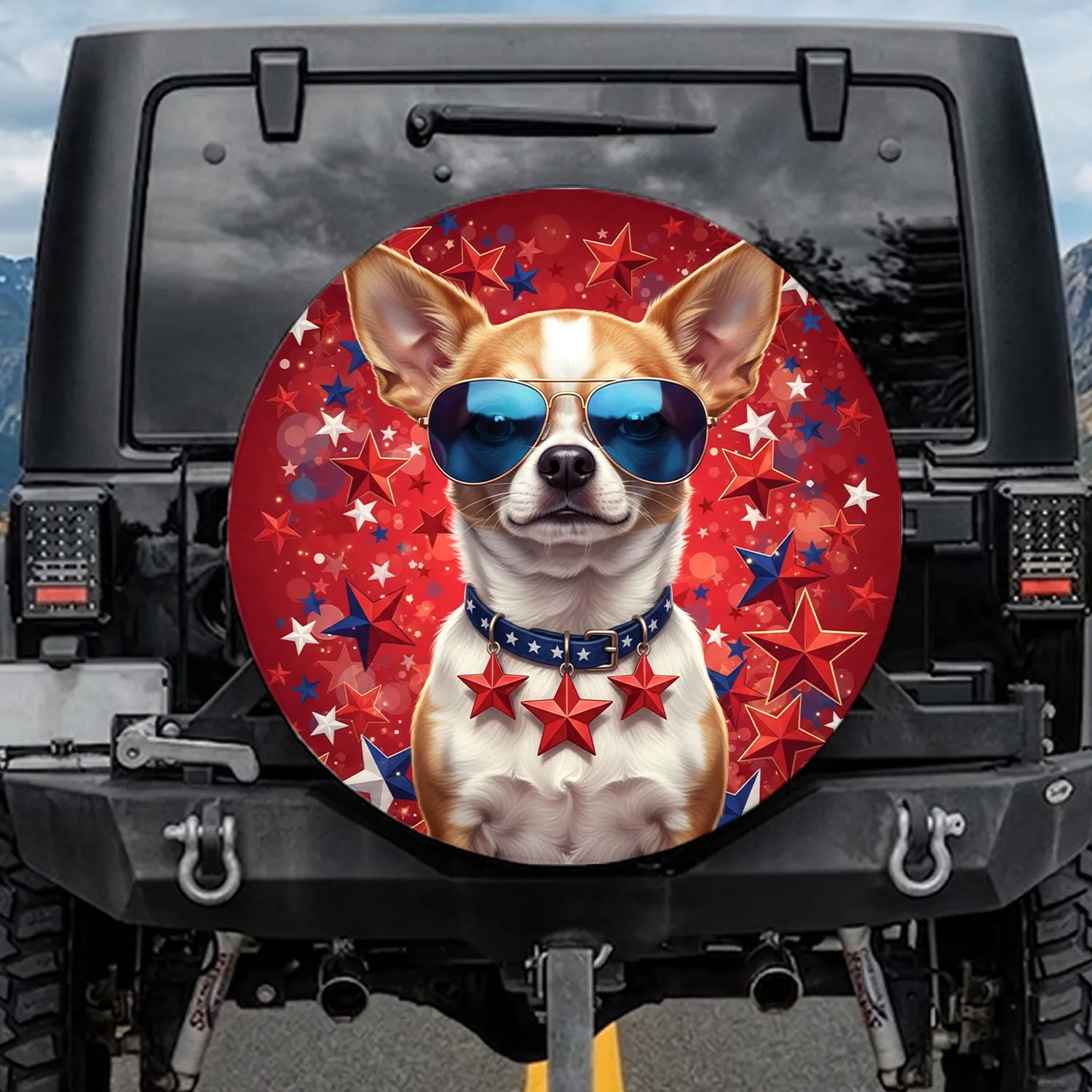 Chihuahua Dog Sunglasses Star Decor - Dog Lover Patriotic Gift Spare Tire Cover - 1