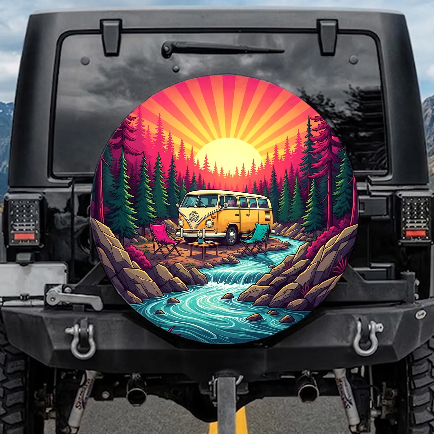Vintage Camper Van Camping Rocky Stream Forest Sunset - Outdoor Adventure Gift Spare Tire Cover - 1