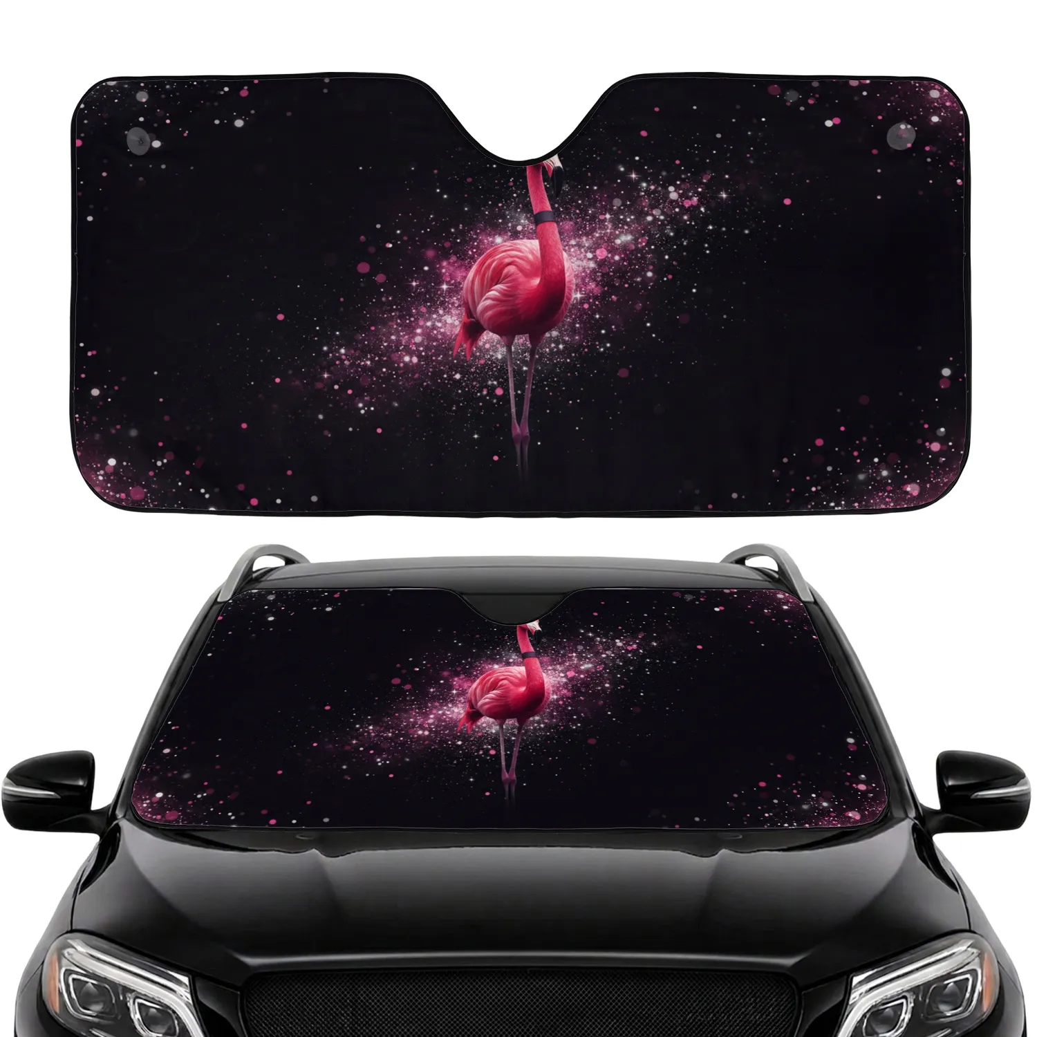 Fuchsia Pink Flamingo Cosmic Silver Shimmer Bokeh Glitter - Wildlife Lover Gift Car Sunshade - 1