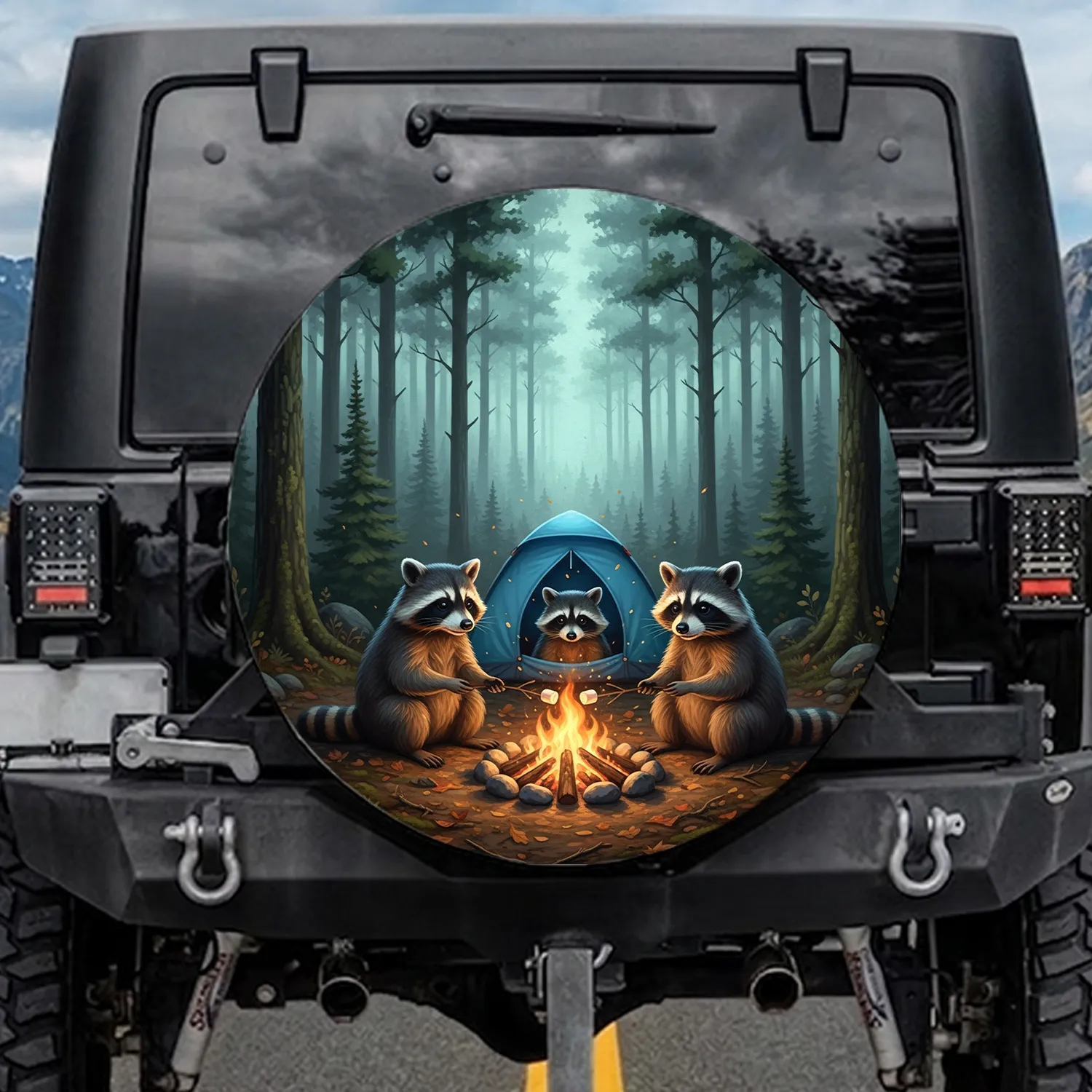 Raccoons Campfire Marshmallow Forest - Outdoor Adventure Wildlife Lover Gift Spare Tire Cover - 1