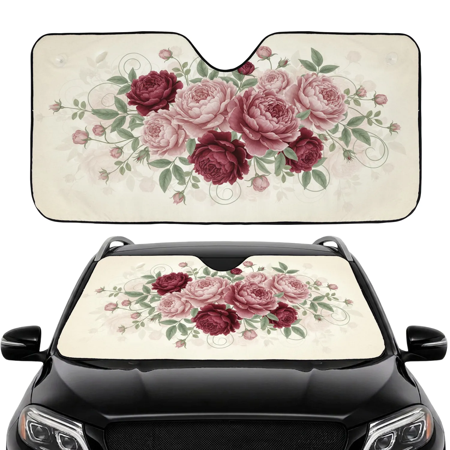 Dusty Rose Peonies Crimson Roses Blush Rosebuds Sage Green Vines Car Decor Gift Car Sunshade - 1