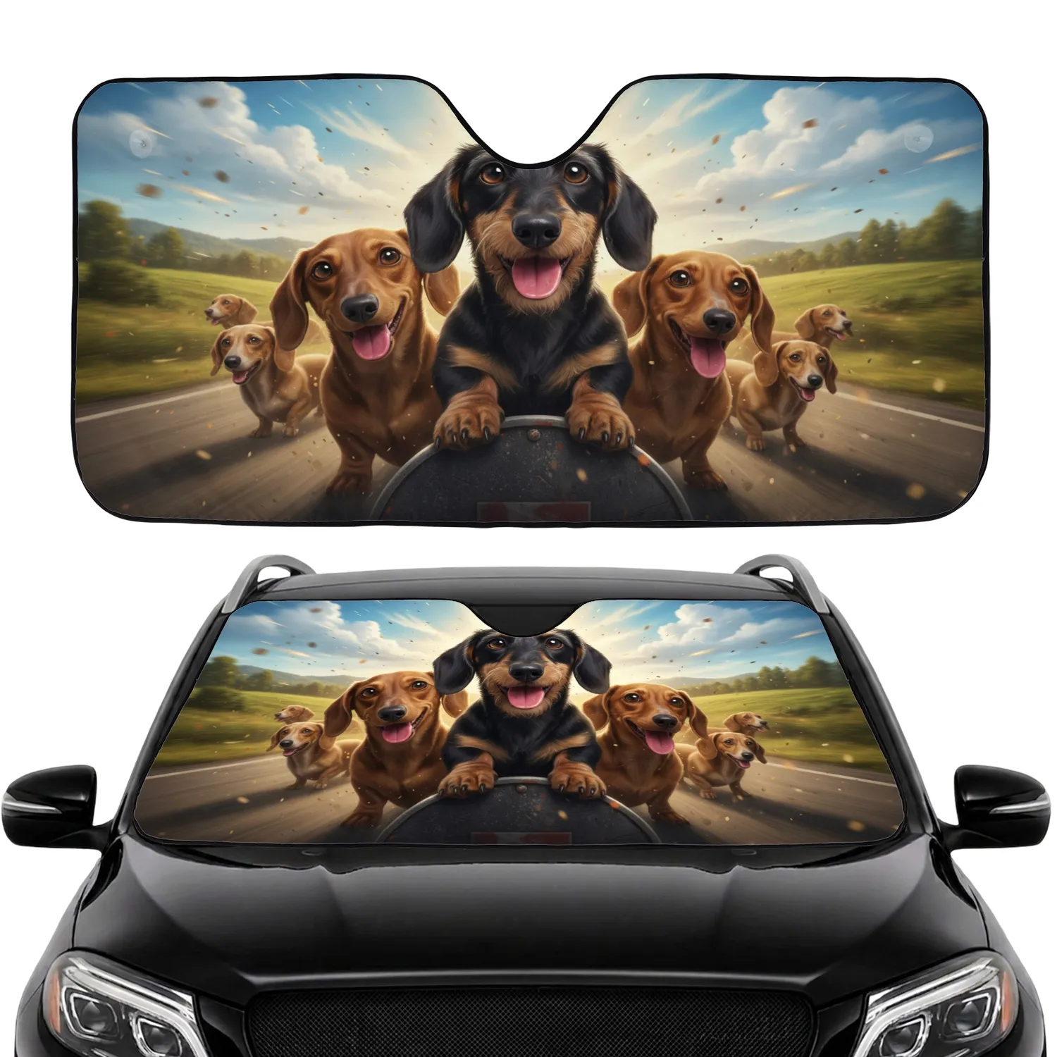 Joyful Dachshund Pack Open Road Hills - Adventure Lover Gift for Dog Lover Car Sunshade - 1