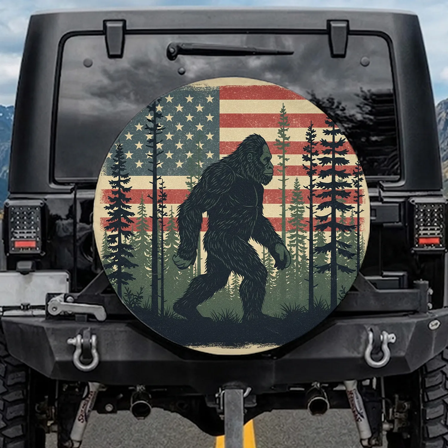 Bigfoot Silhouette Dark Pine Forest American Flag - Rustic American Heritage Gift Spare Tire Cover - 1