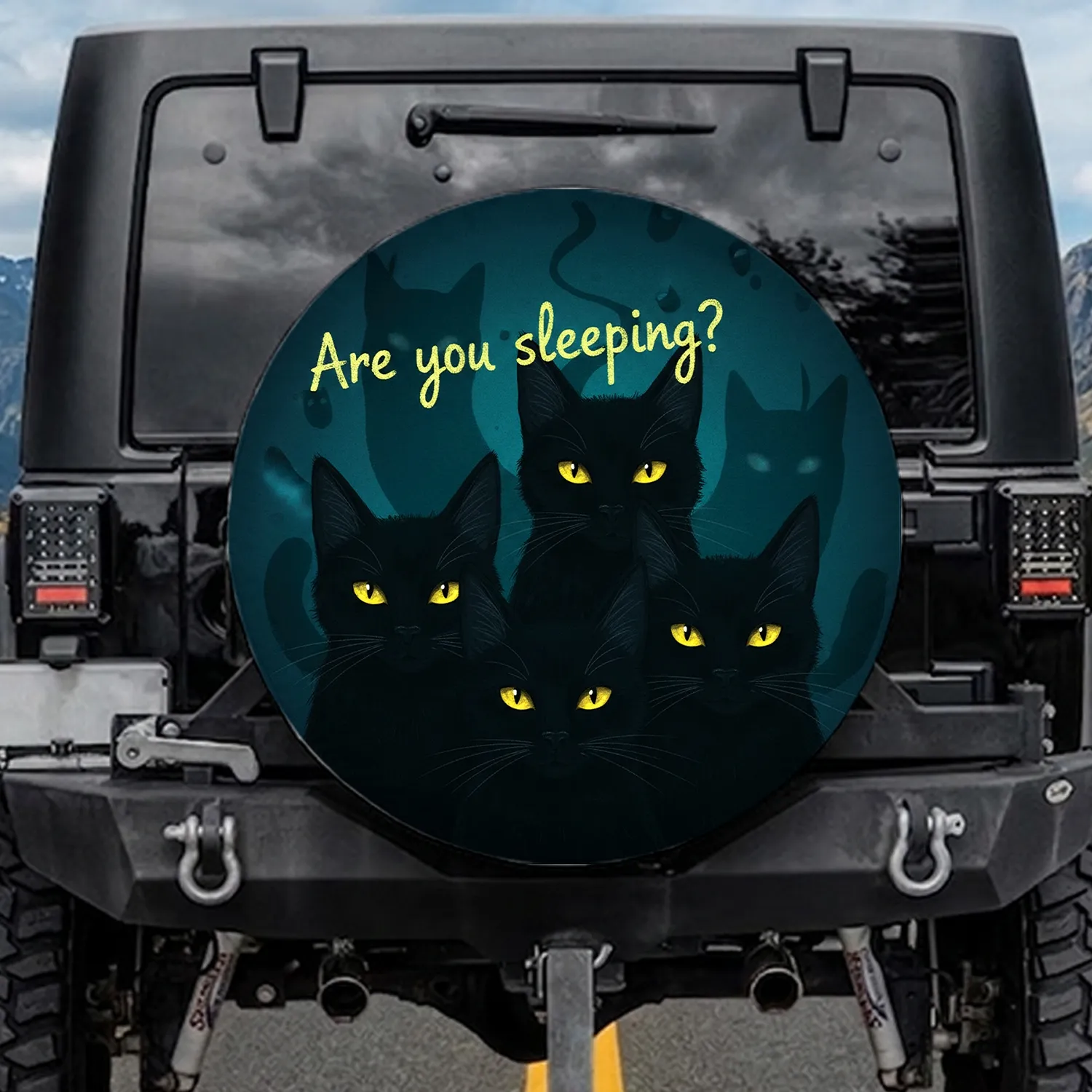 Black Cats Golden Eyes 'Are you sleeping?' - Eerie Night Mystery Lover Gift Spare Tire Cover - 1