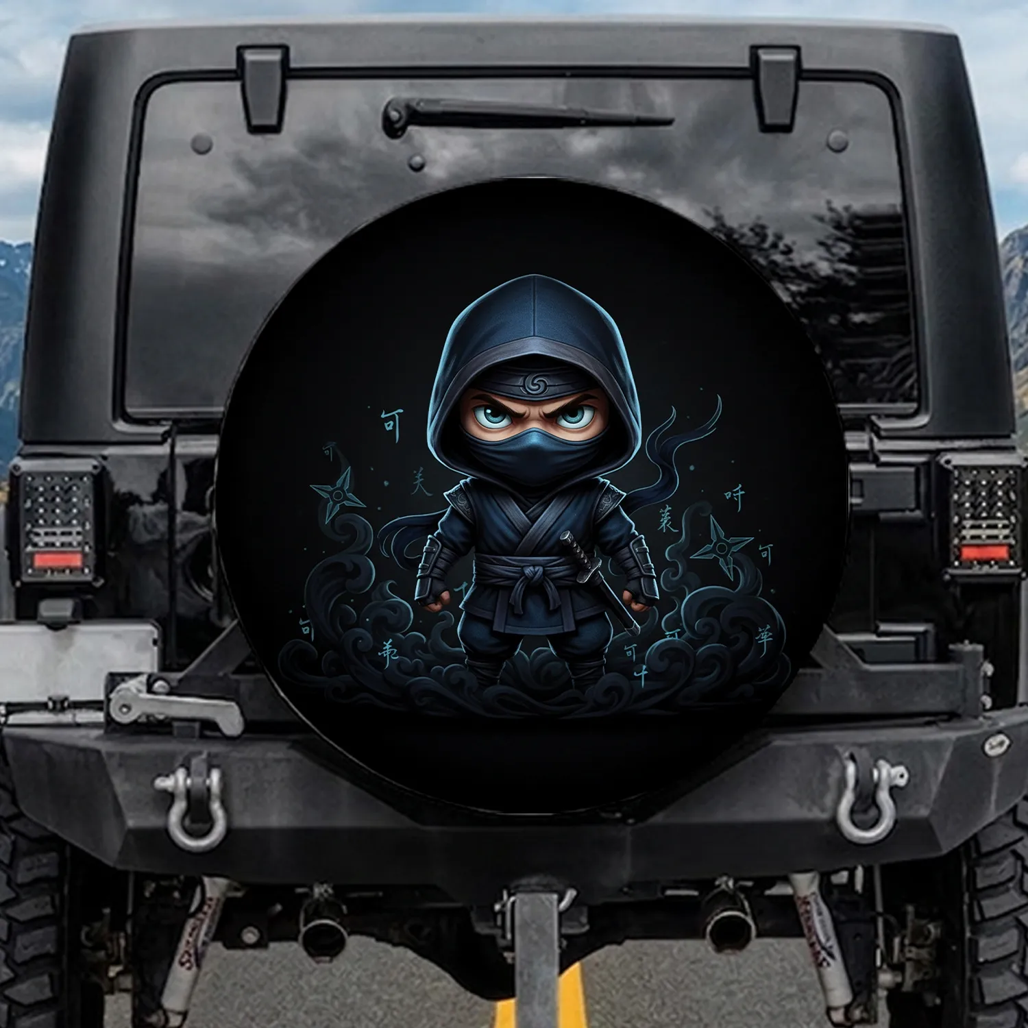 Chibi Ninja Character Dark Hooded Adventure Gear for Ninja Lovers Spare Tire Cover - 1