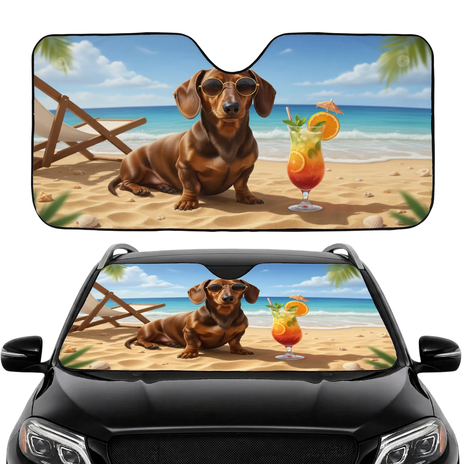 Dachshund Sunglasses Tropical Beach Scene - Golden Sand Summer Essentials for Dog Lovers Car Sunshade - 1