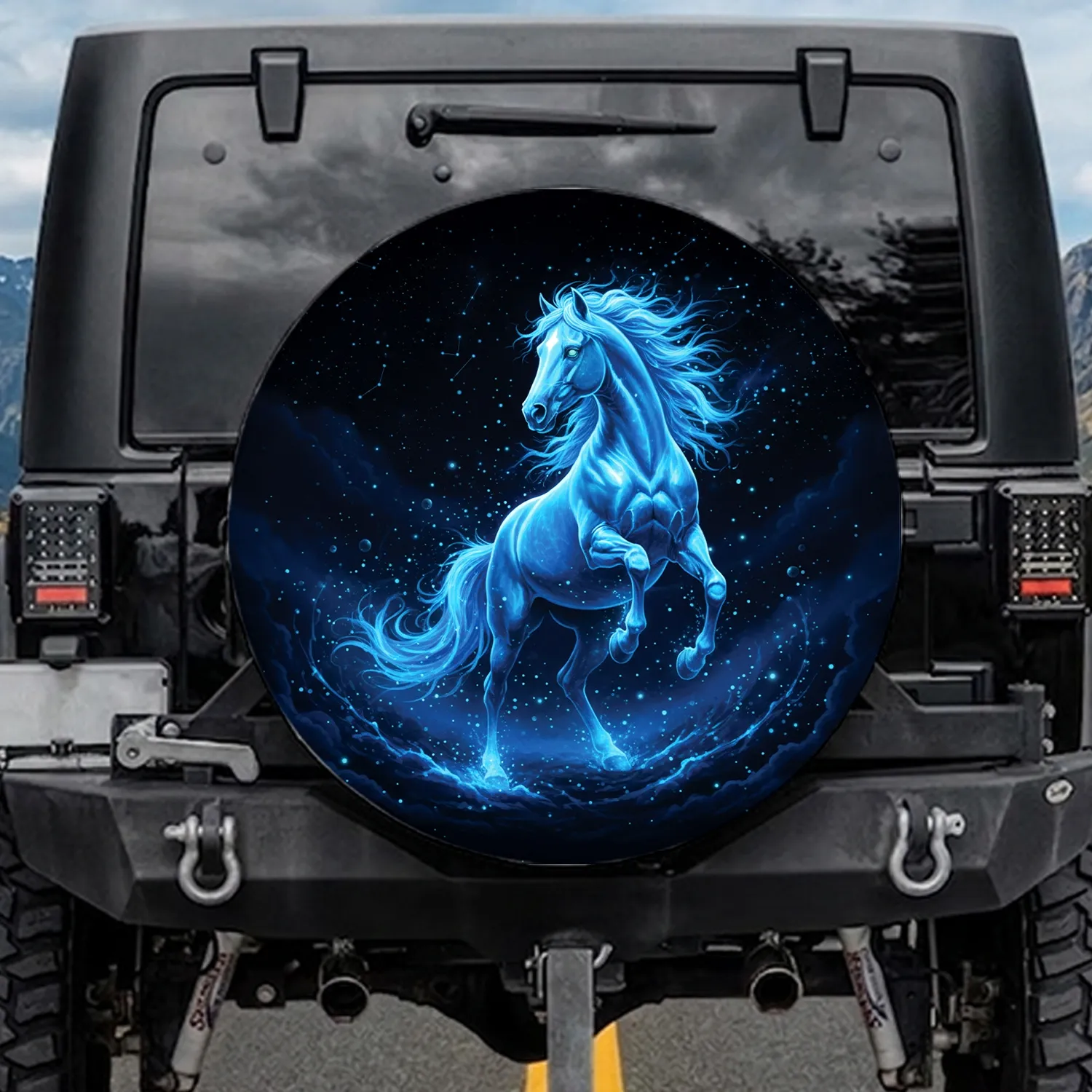 Electric Blue Glowing Horse Dynamic - Nature Lover Gift for Horse Enthusiast Spare Tire Cover - 1