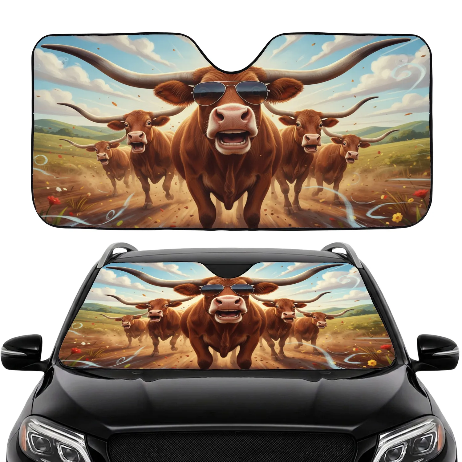 Sunglasses Longhorn Cows Road Trip Fun - Farmhouse Decor Gift for Cow Lover Car Sunshade - 1