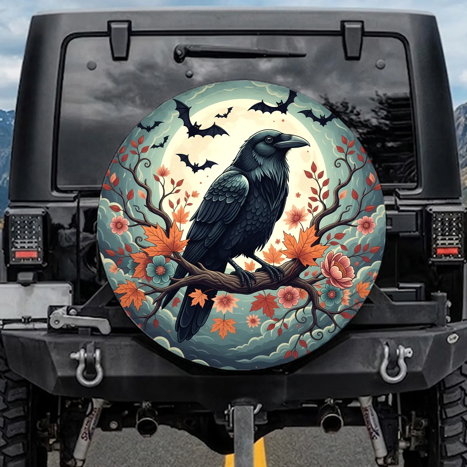 Black Raven Autumn Flowers Bats Full Moon - Wildlife Lover Gift Spare Tire Cover - 1