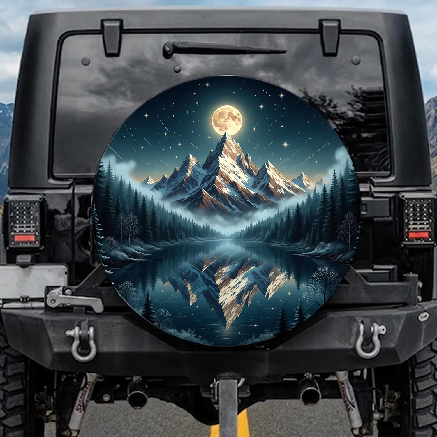 Snow Mountain Dark Lake Full Moon Stars Night Sky Outdoor Adventure Gift Spare Tire Cover - 1
