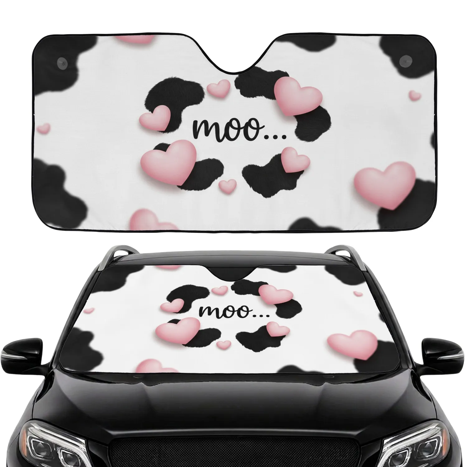 Cow Hide Plush Pink Hearts Moo Script - Farmhouse Decor Cow Lover Gift Car Sunshade - 1