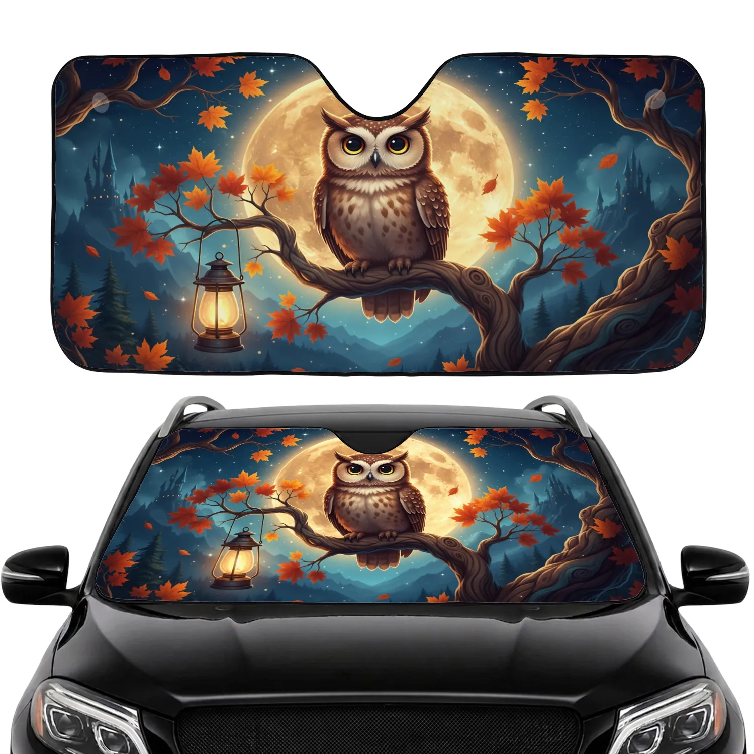 Big-Eyed Owl Full Moon Autumn Leaves - Woodland Night Decor Gift for Owl Lover Car Sunshade - 1