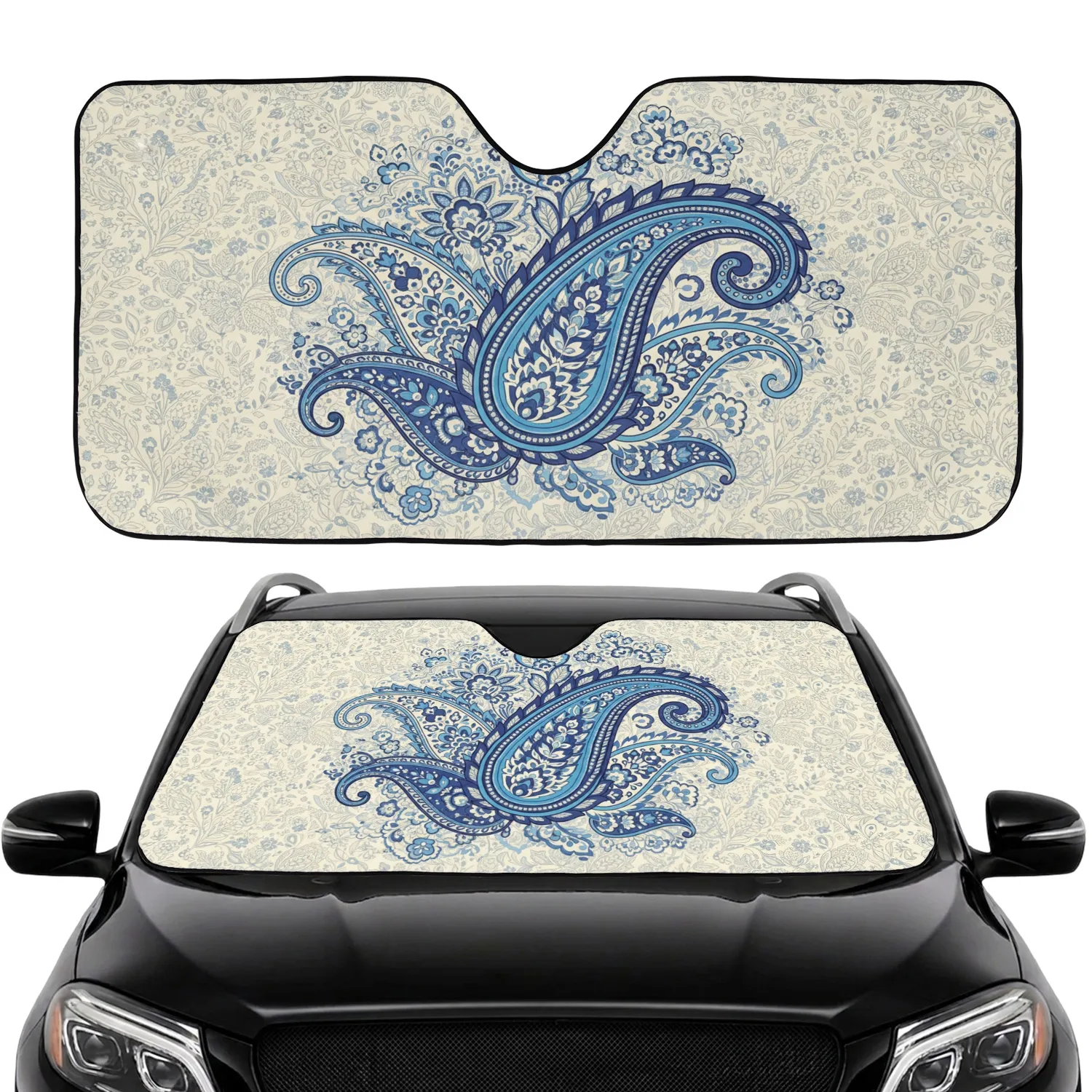 Swirling Dot-Work Paisley Floral Botanicals Leaf Elements - Everyday Lifestyle Gift Car Sunshade - 1