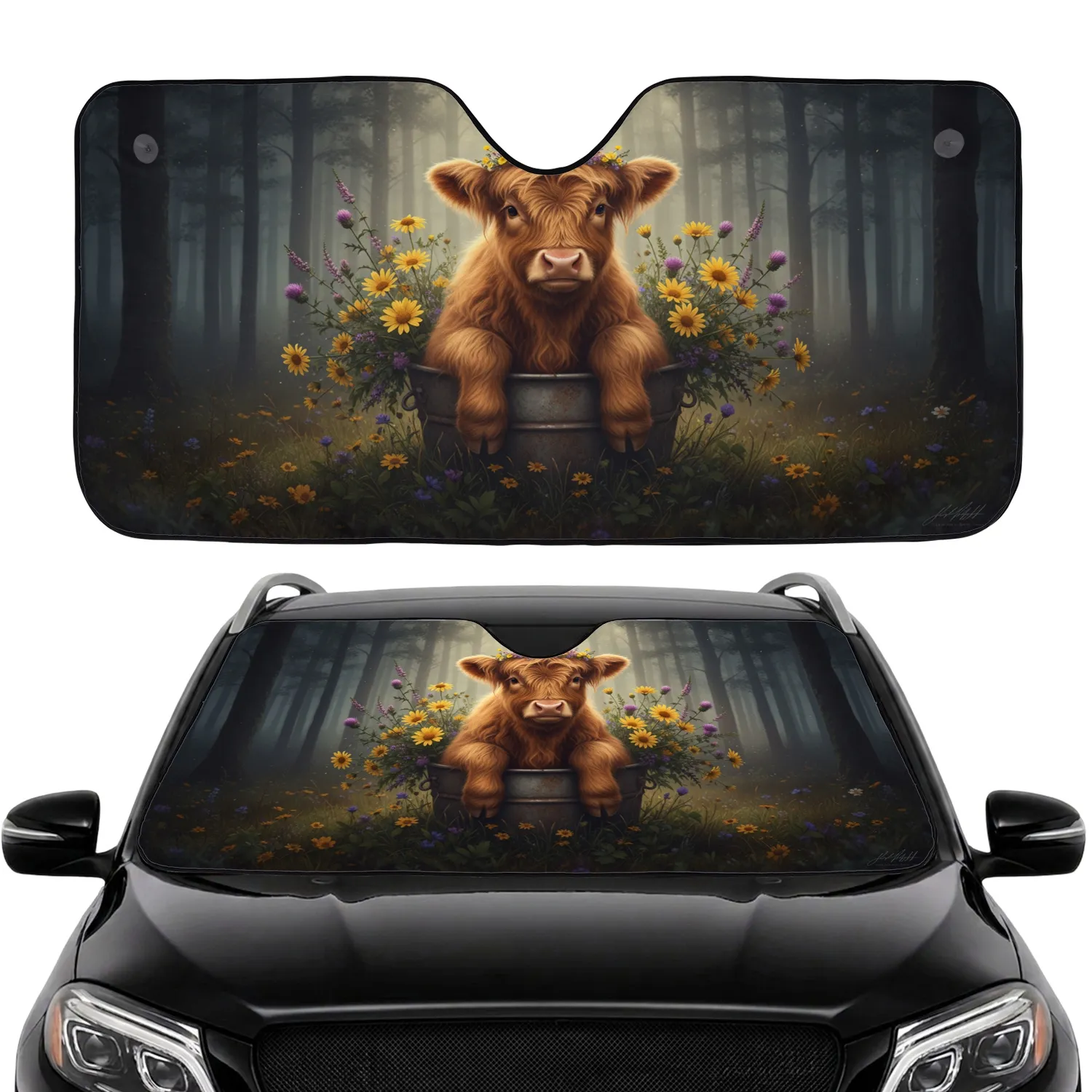 Highland Cow Calf Wildflower Forest - Farmhouse Decor Gift for Cow Lover Car Sunshade - 1