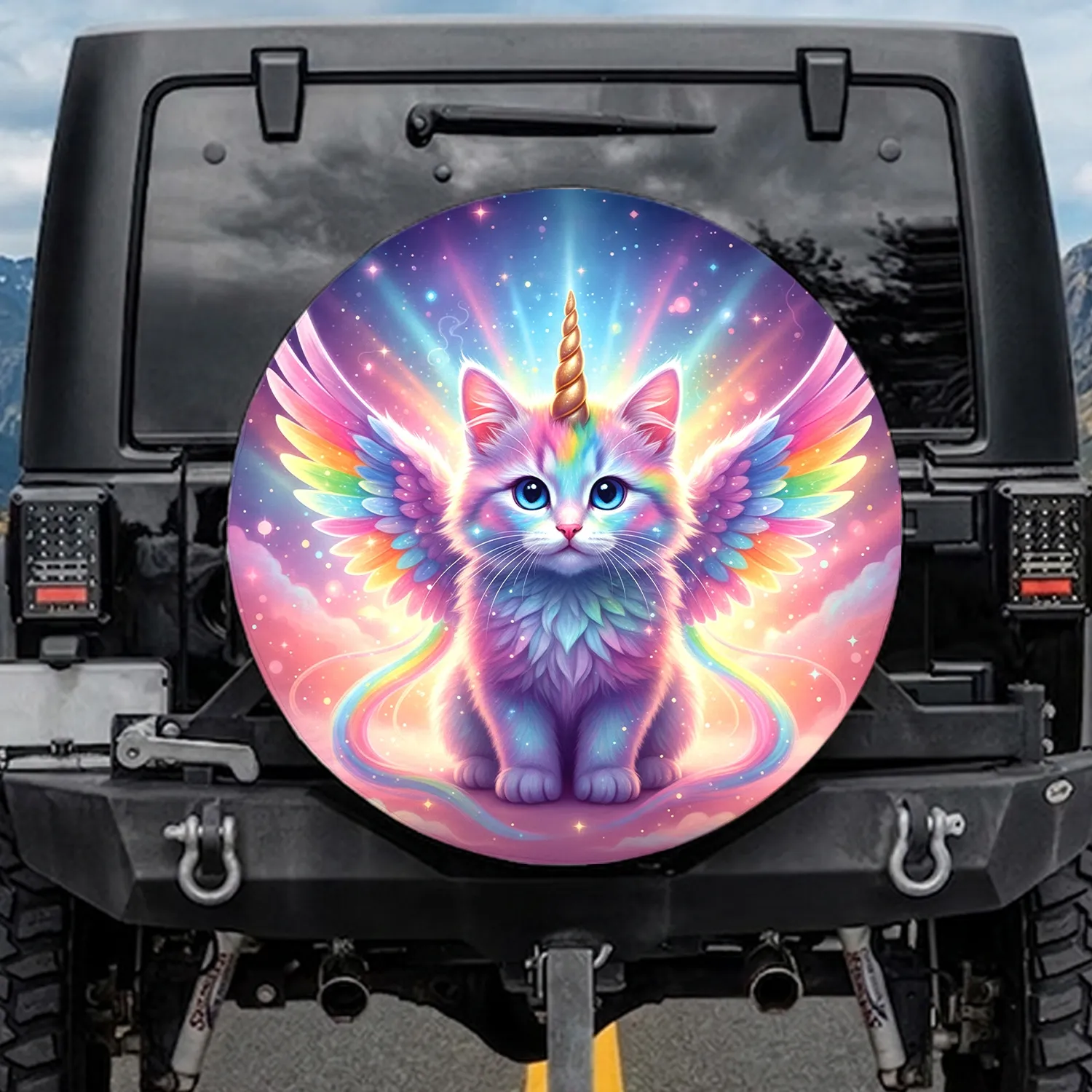 Fluffy Unicorn Kitten Rainbow Wings - Fantasy Lover Car Decor Gift Spare Tire Cover - 1