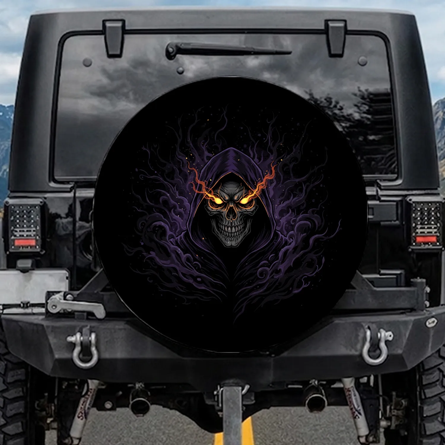 Grim Reaper Skull Orange Eyes Black Mist - Halloween Enthusiast Gift Spare Tire Cover - 1