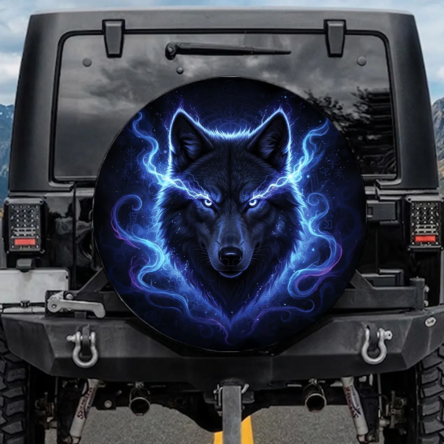 Dark Wolf Head Electric Blue Purple Energy - Wildlife Lover Gift for Wolf Lovers Spare Tire Cover - 1