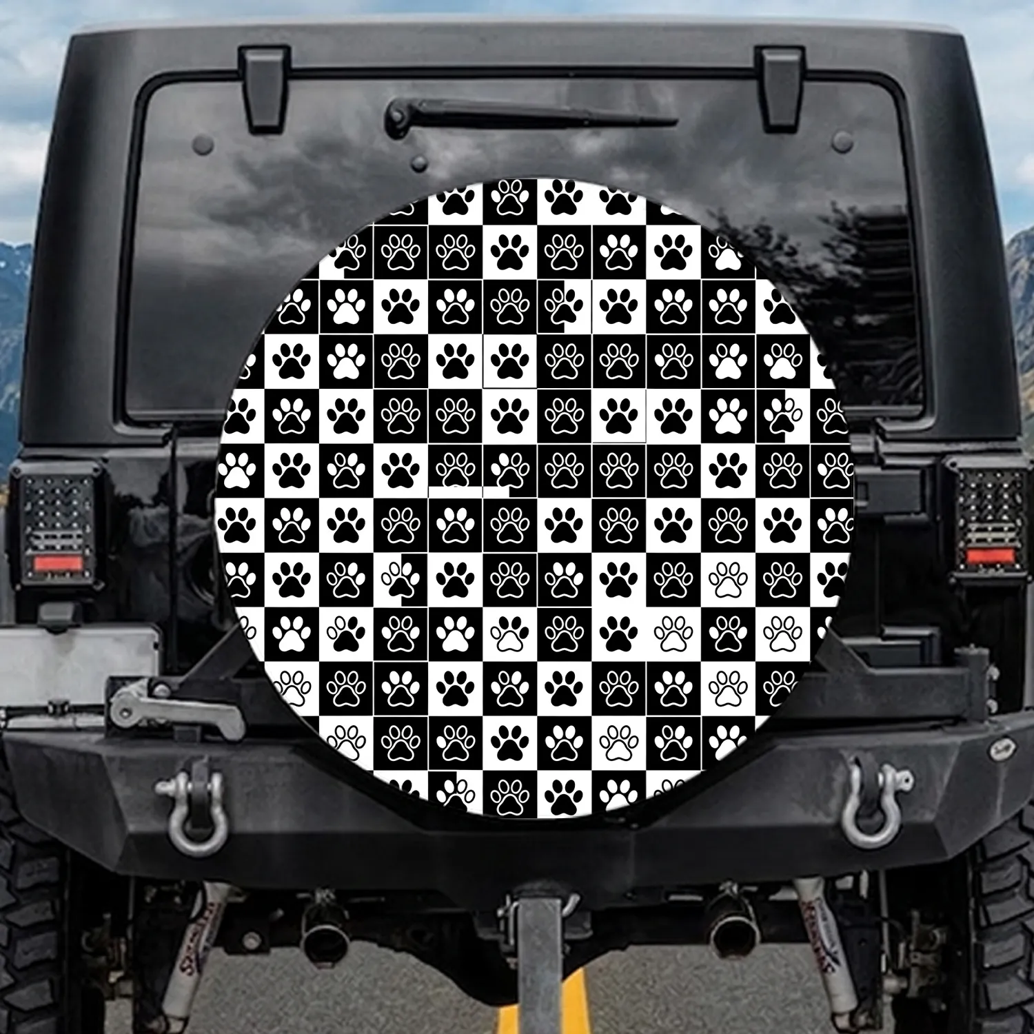 Black White Solid Outline Paw Prints Checkerboard Full Coverage - Everyday Pet Lover Gift Spare Tire Cover - 1