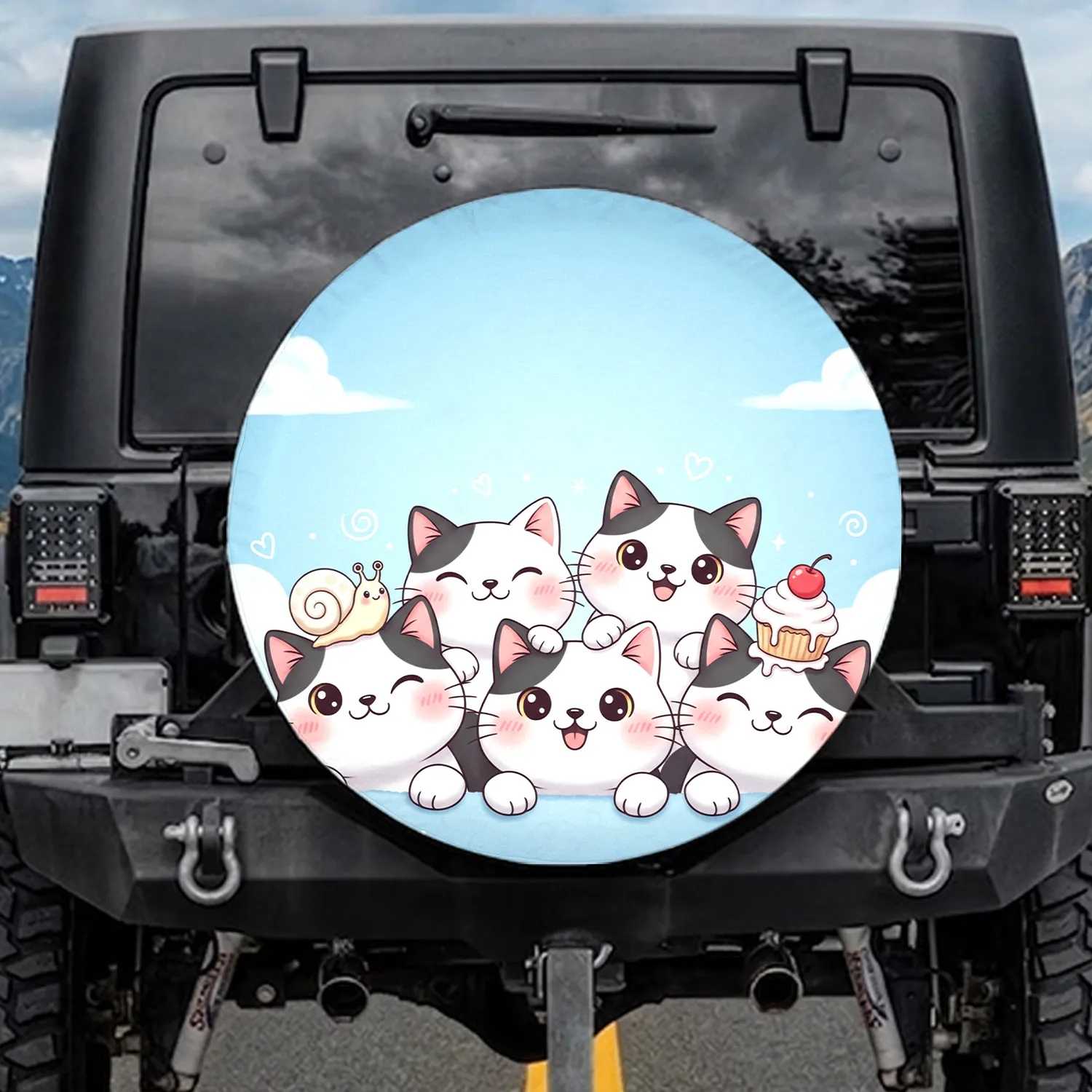 Black White Cartoon Cats Pink Cheeks Snail Cupcake Hearts - Cat Lover Everyday Accessory Spare Tire Cover - 1