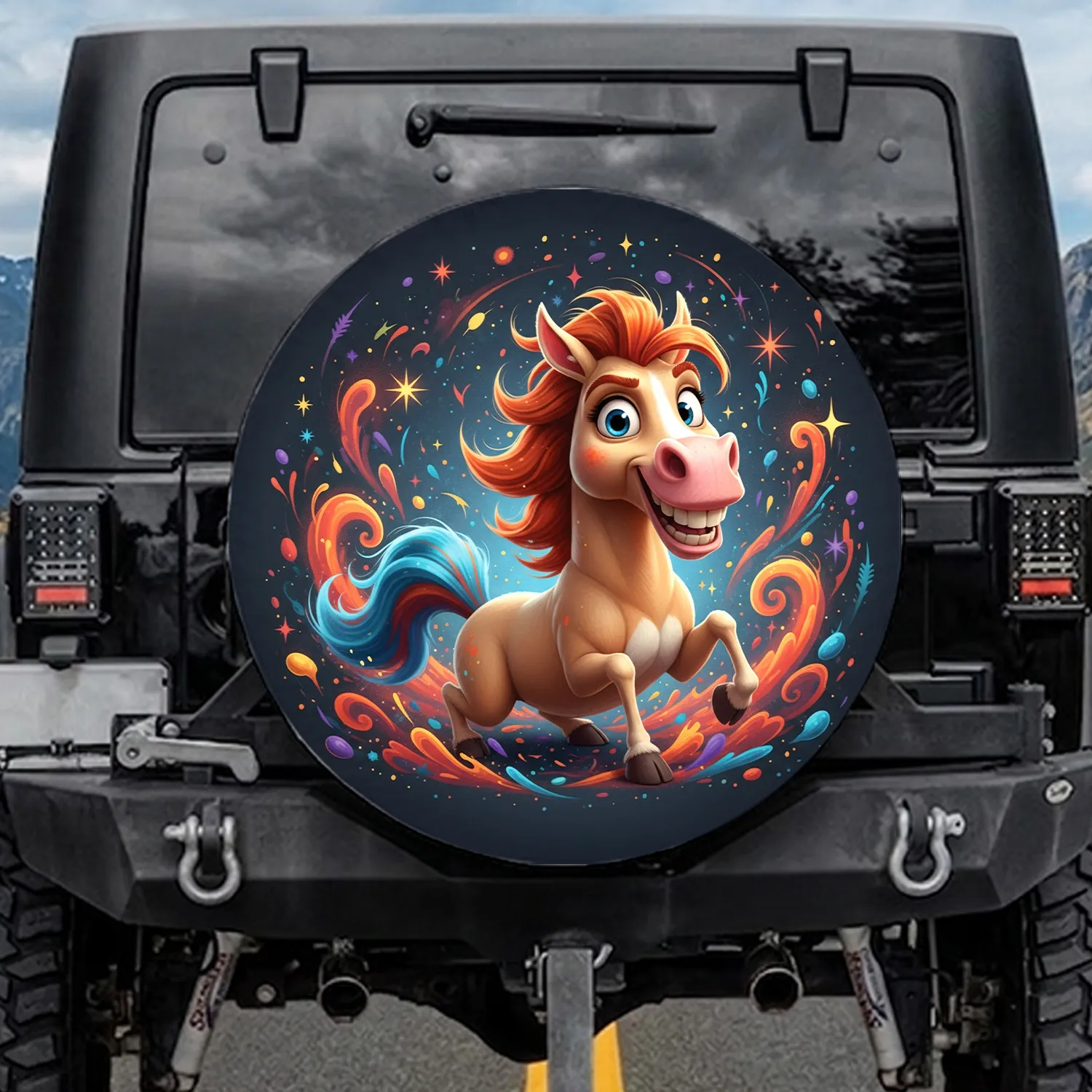 Grinning Cartoon Horse Orange Mane Blue Eyes - Horse Lover Gift Spare Tire Cover - 1