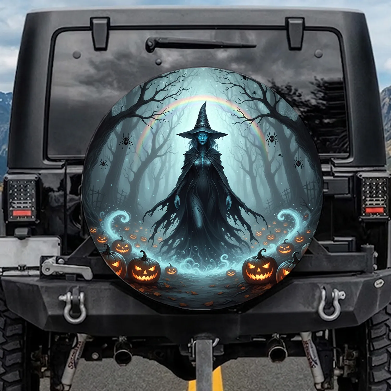 Witch Jack-o'-Lanterns Spiders Gnarled Trees - Halloween Decor Gift Spare Tire Cover - 1
