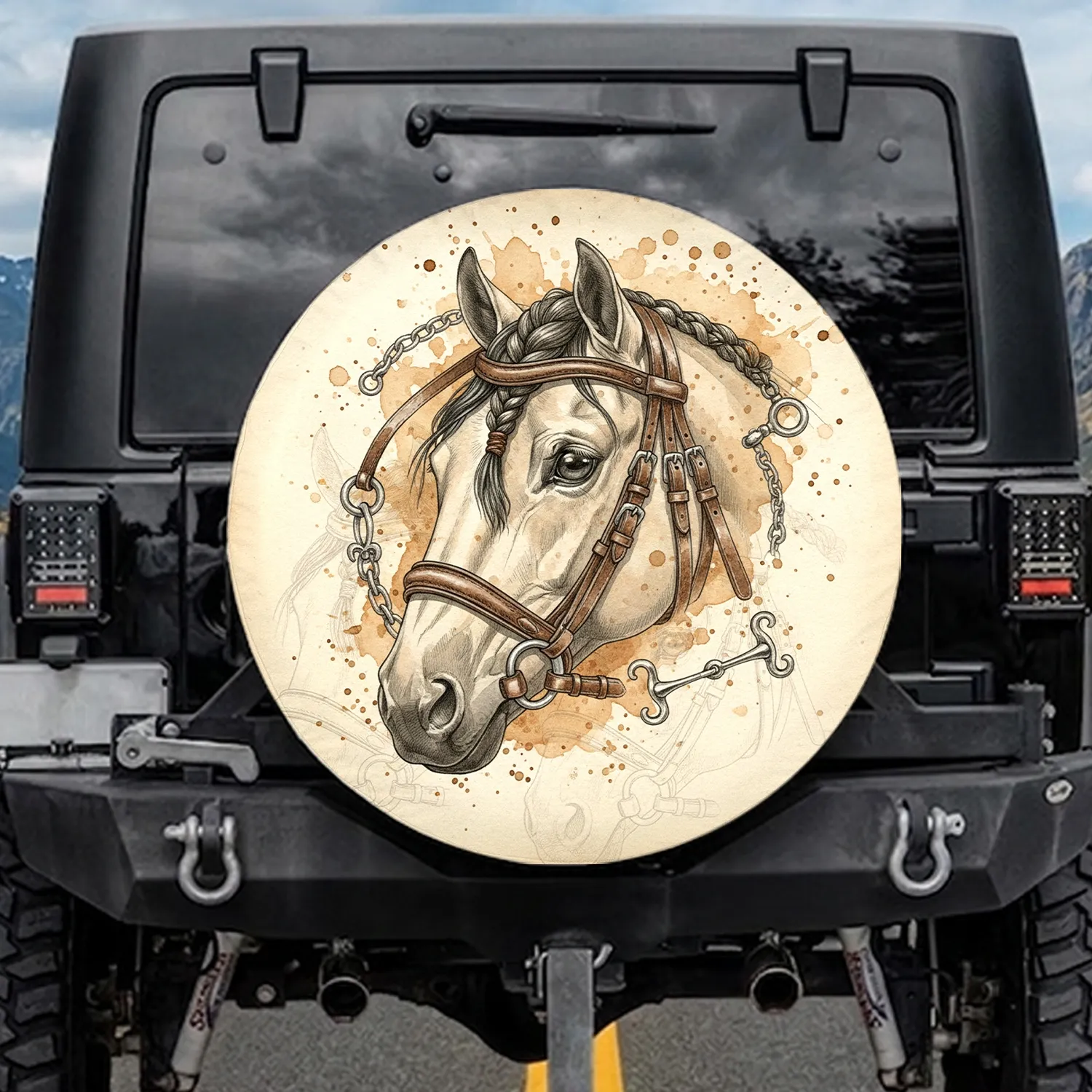 Horse Eye Leather Bridle Silver Bits - Rustic Equestrian Car Decor Spare Tire Cover - 1