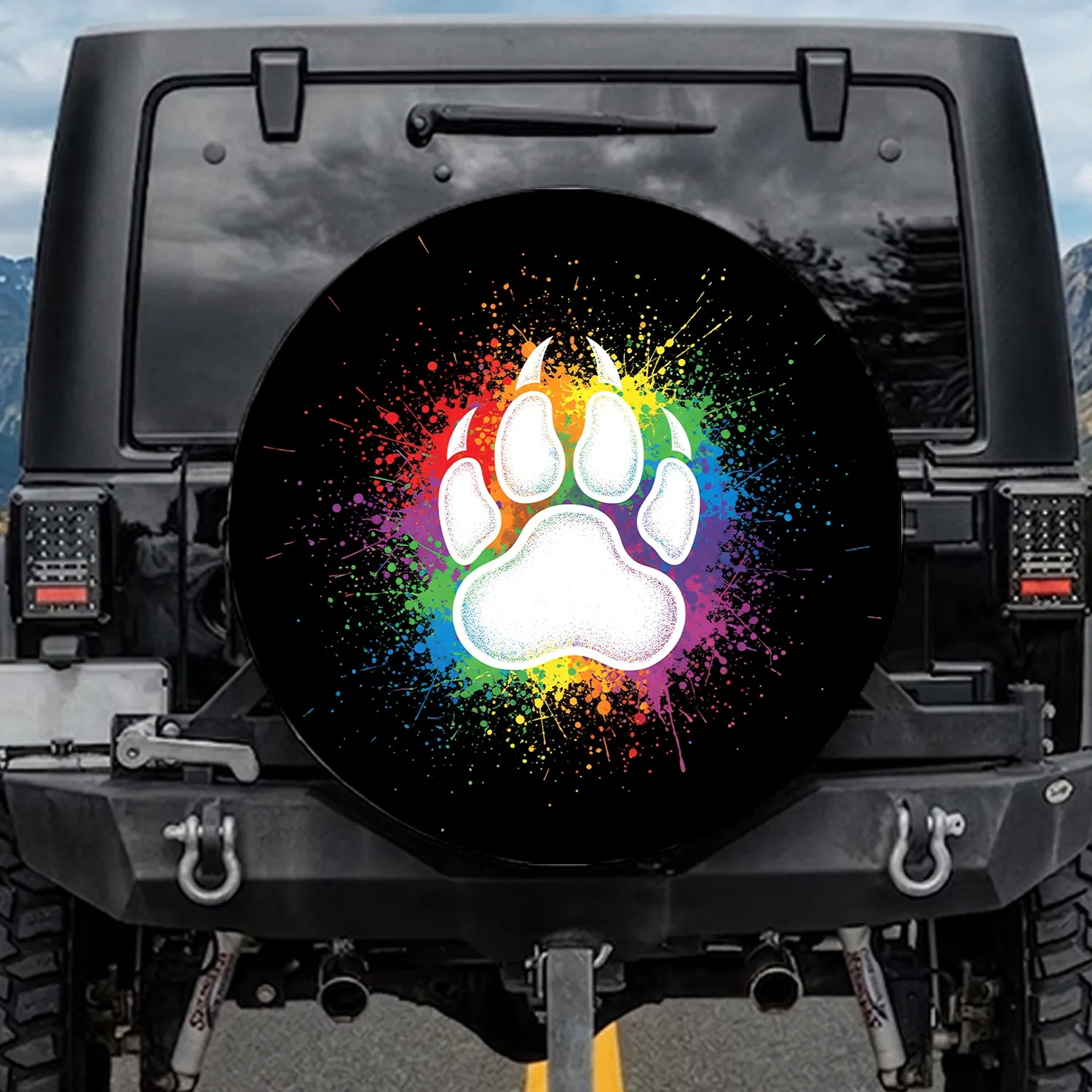 Bold White Bear Claw Paw Print Vibrant Rainbow Splatter Black Background - Wildlife Lover Gift Spare Tire Cover - 1