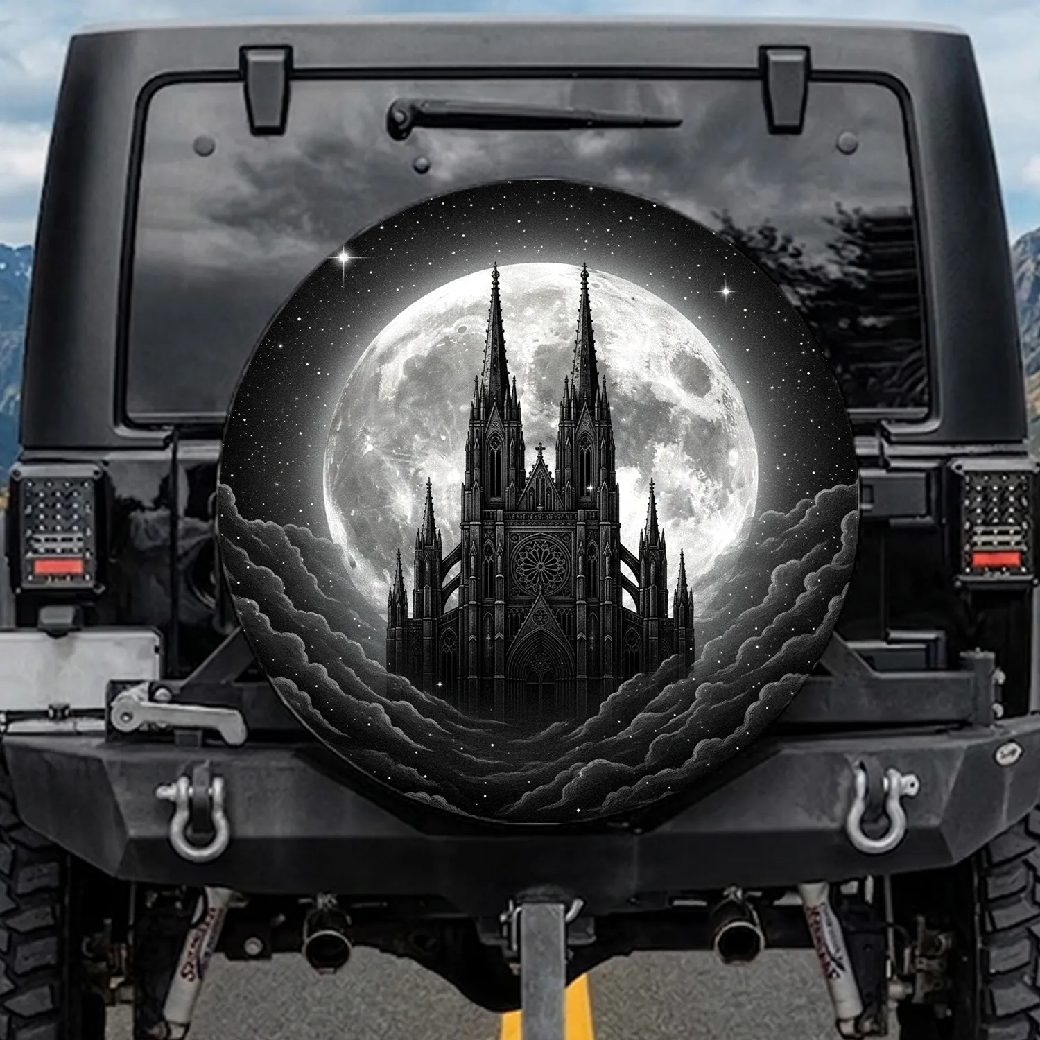 Gothic Cathedral Full Moon Dark Sky - Gothic Decor Gift for Fantasy Lover Spare Tire Cover - 1
