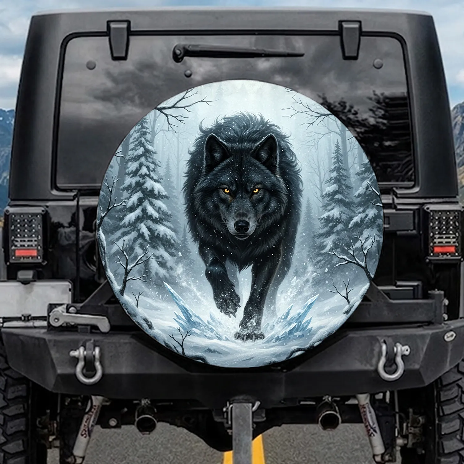Majestic Black Wolf Glowing Eyes Snow Winter Forest - Wildlife Lover Gift Spare Tire Cover - 1