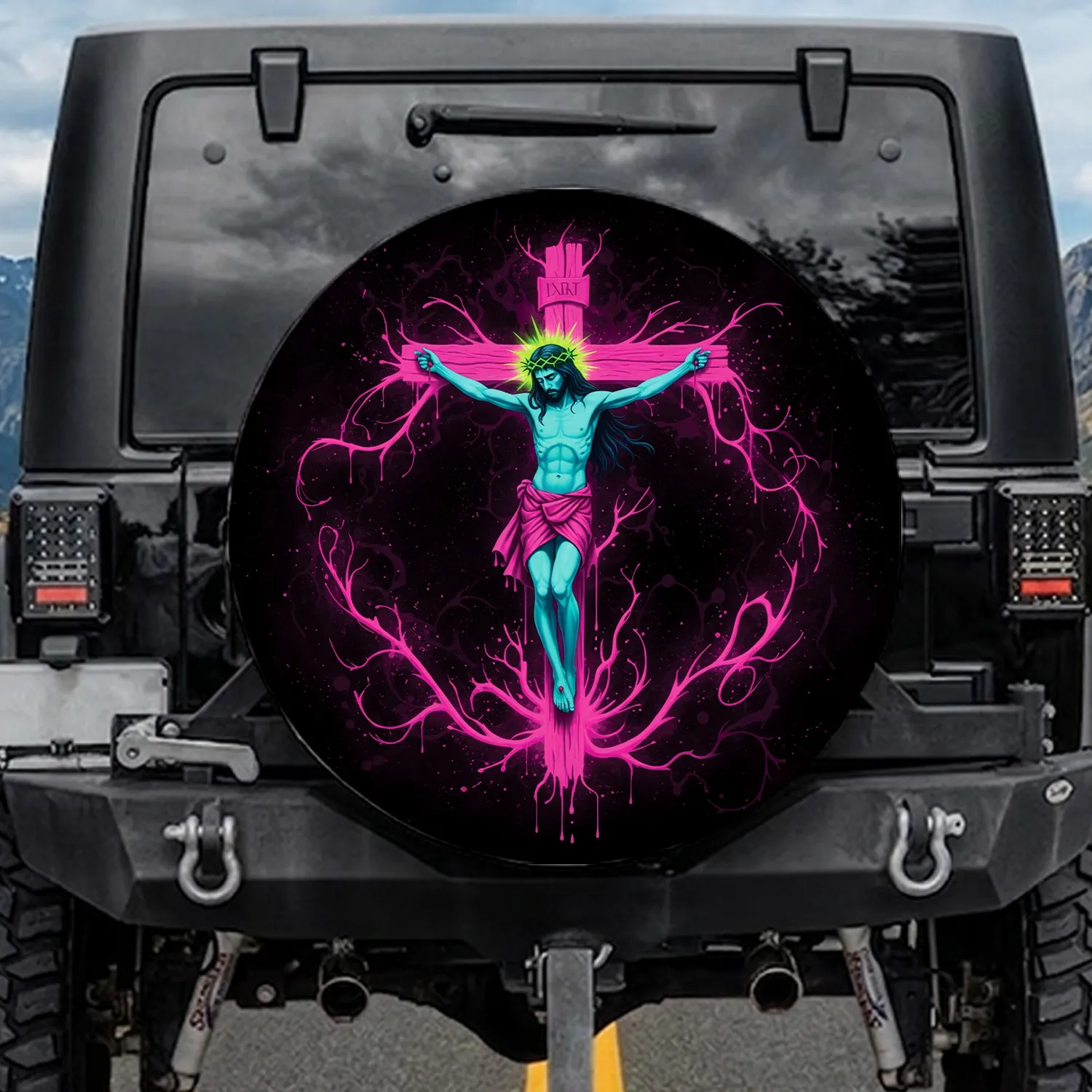 Crucified Figure Teal Skin Lime Crown Hot Pink Cross - Vehicle Decor Gift Spare Tire Cover - 1