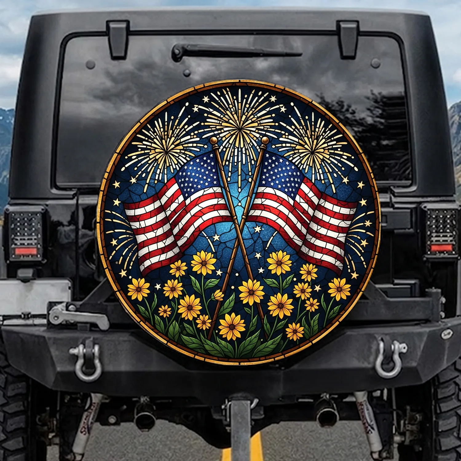 American Flag Fireworks Wildflowers - Independence Day Celebration Gift for Veterans Spare Tire Cover - 1