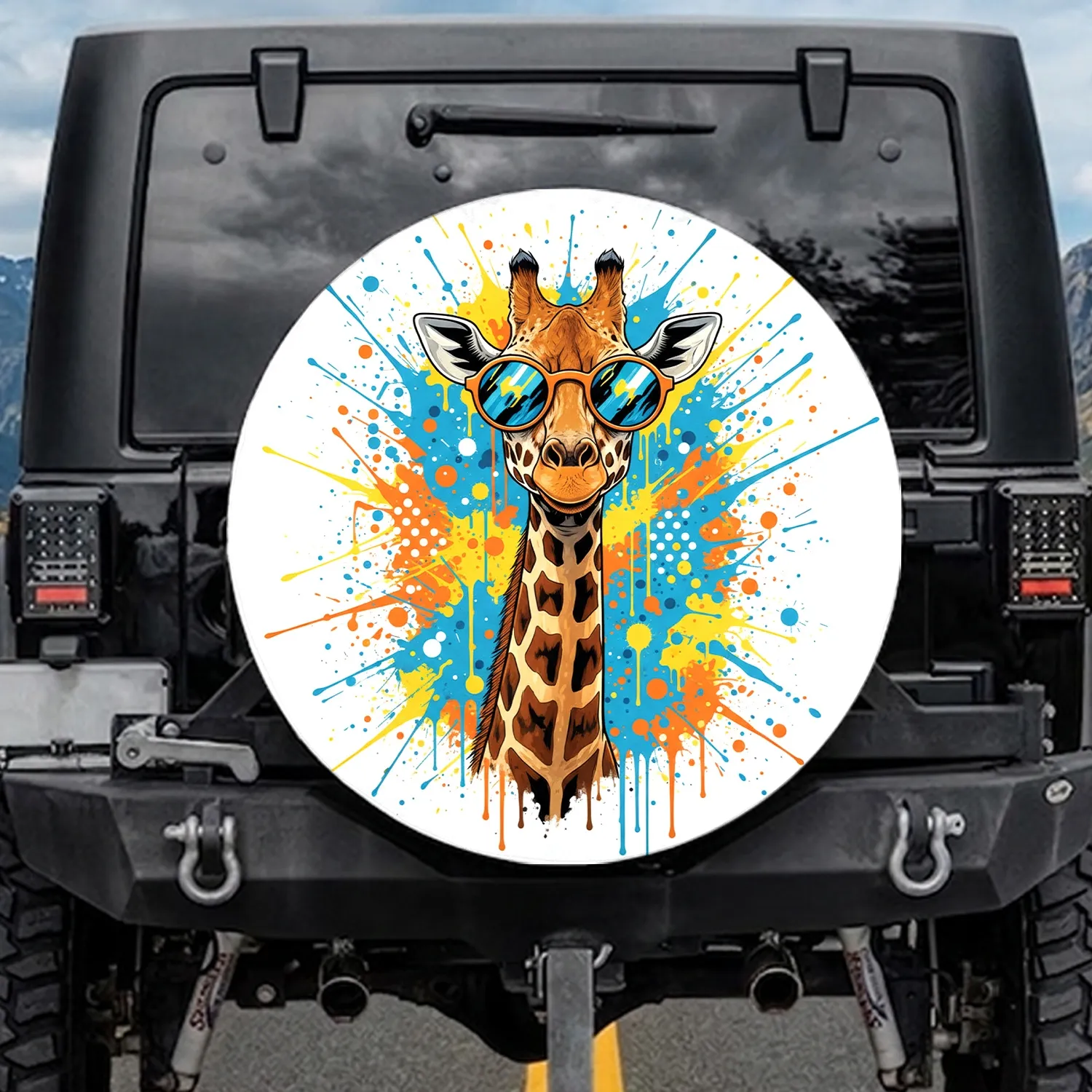 Majestic Giraffe Orange-Framed Sunglasses Vibrant Paint Splatter Adventure Travel Gear Spare Tire Cover - 1