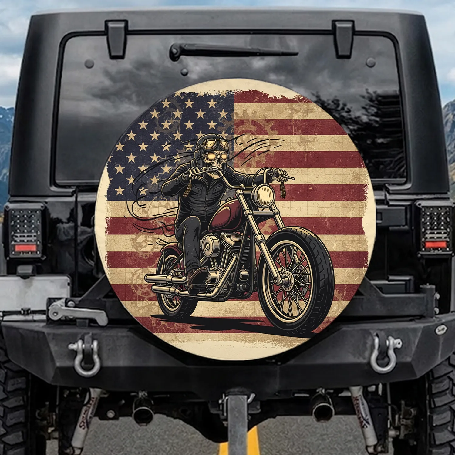 Chopper Motorcycle Skull Distressed Flag Patriotic Decor for Bikers Spare Tire Cover - 1