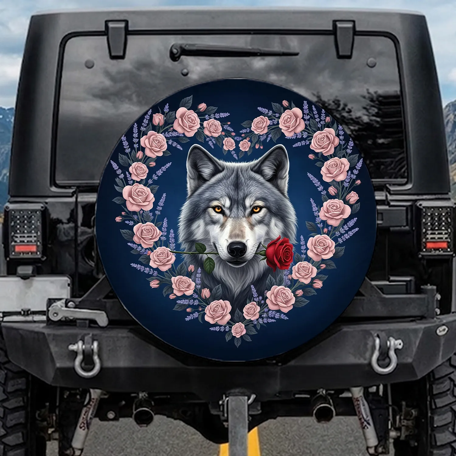 Grey Wolf Golden Eyes Red Rose Lavender Foliage Heart Wreath - Wildlife Lover Gift Spare Tire Cover - 1