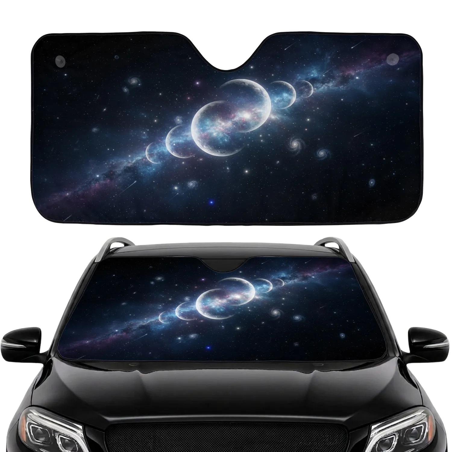 Cosmic Night Sky Glowing Stars Crescent Moons - Travel Essentials Car Sunshade - 1