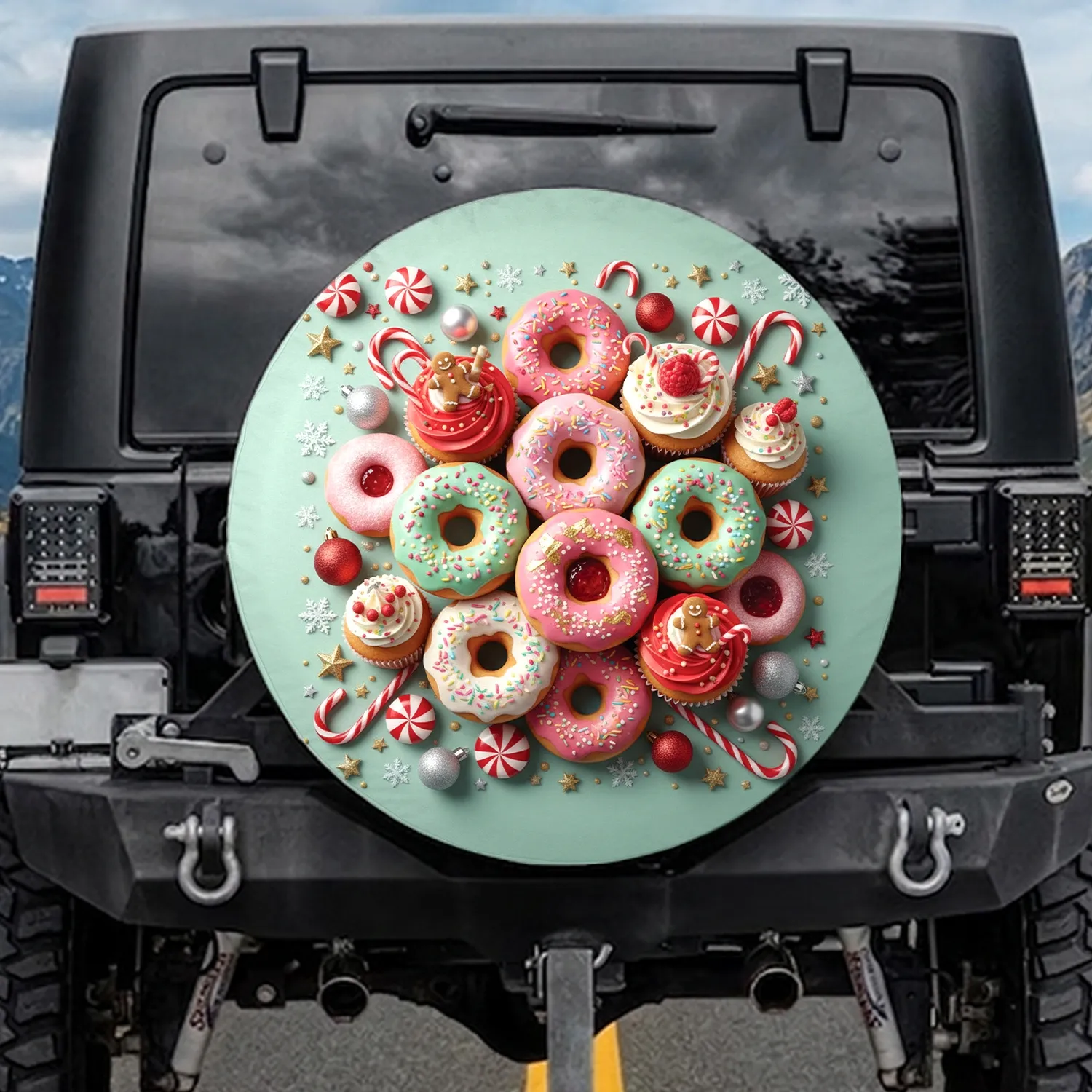Festive Donuts Cupcakes Christmas Candies Snowflakes - Holiday Celebration Gift Spare Tire Cover - 1