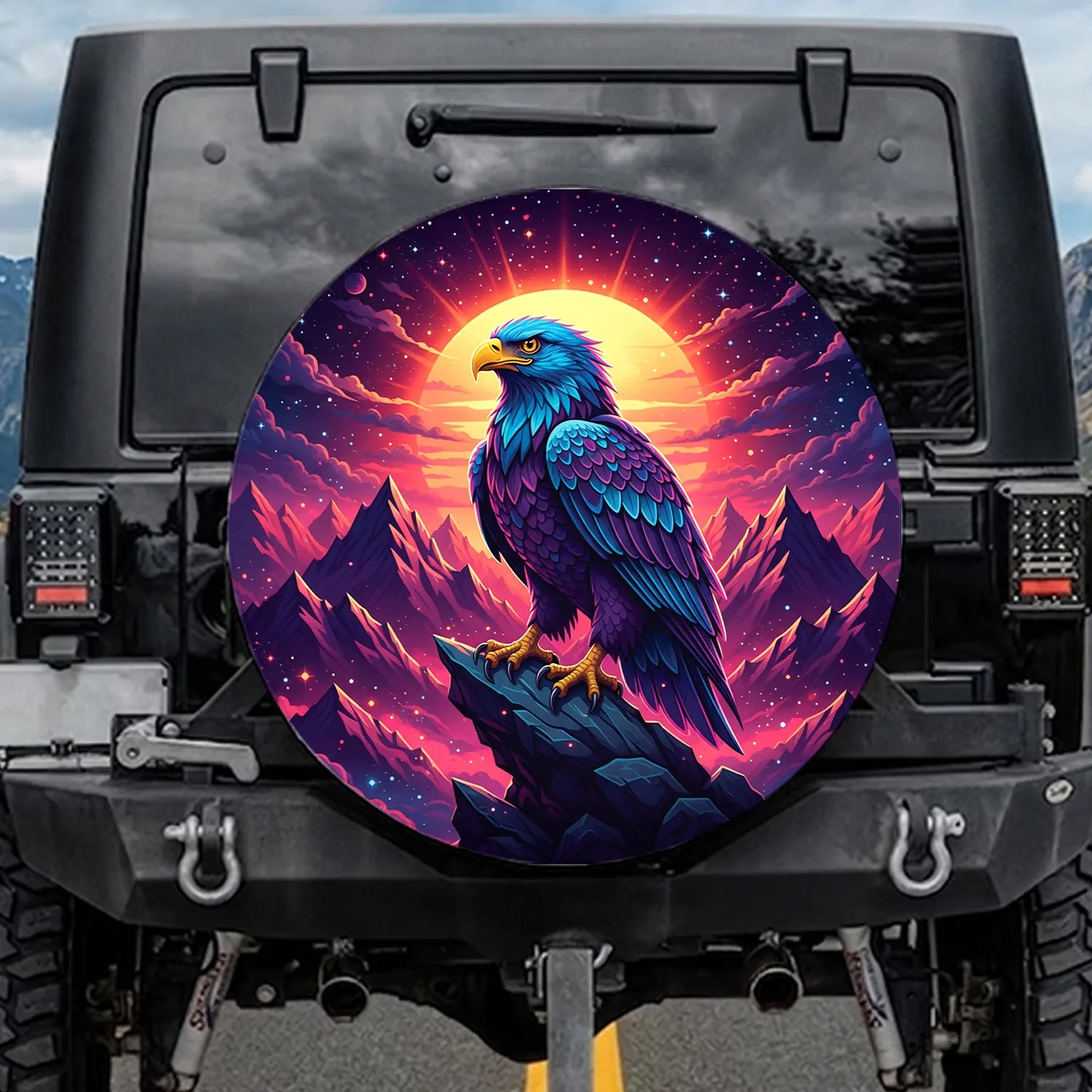 Majestic Eagle Glowing Sunset Mountain Cosmic Sky - Wildlife Lover Outdoor Explorer Gift Spare Tire Cover - 1