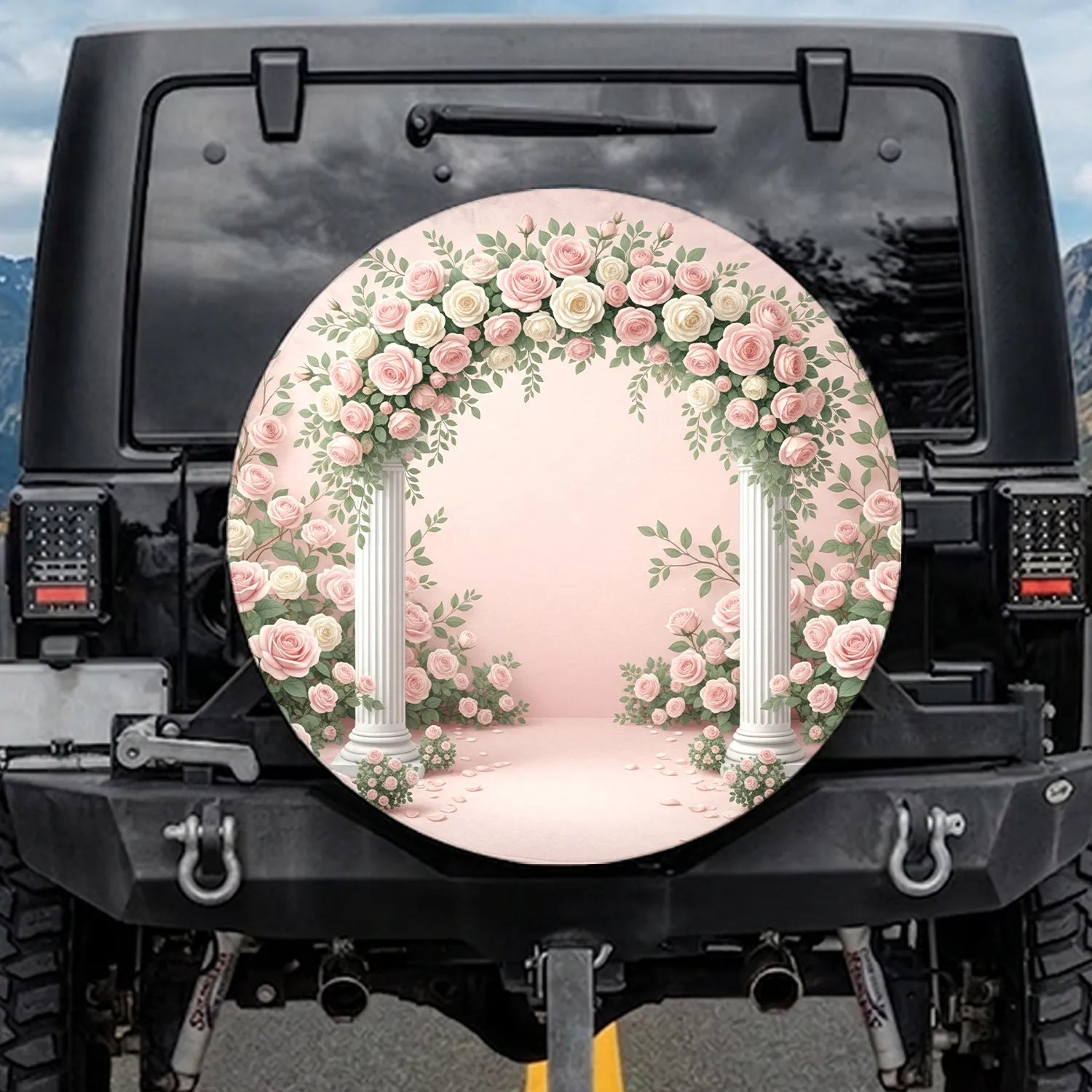 Romantic Wedding Arch White Pillars Cream Pink Roses Floral Garland - Vehicle Decor Gift Spare Tire Cover - 1